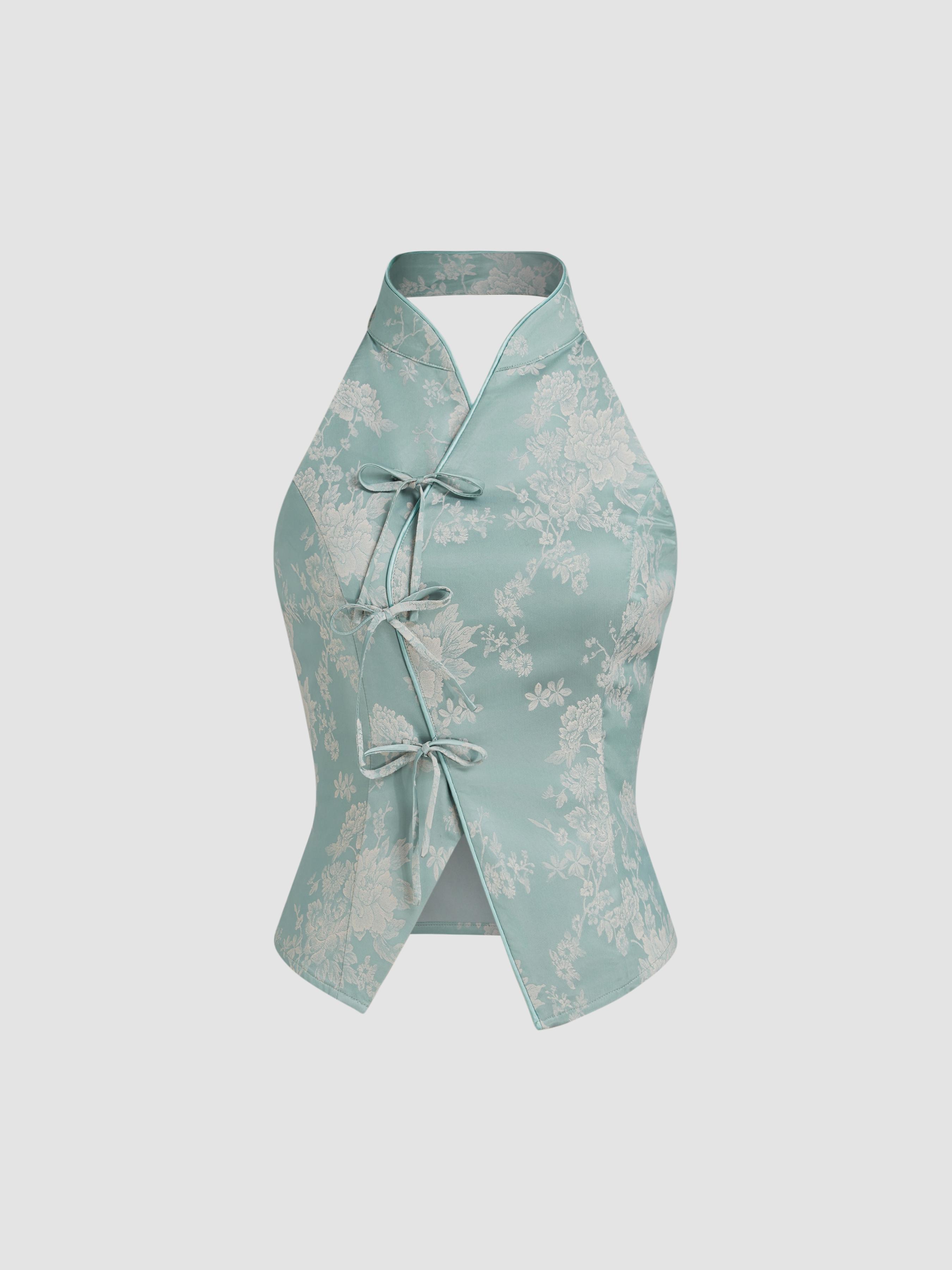 Jacquard Mandarin Collar Floral Bowknot Tank Top by CIDER