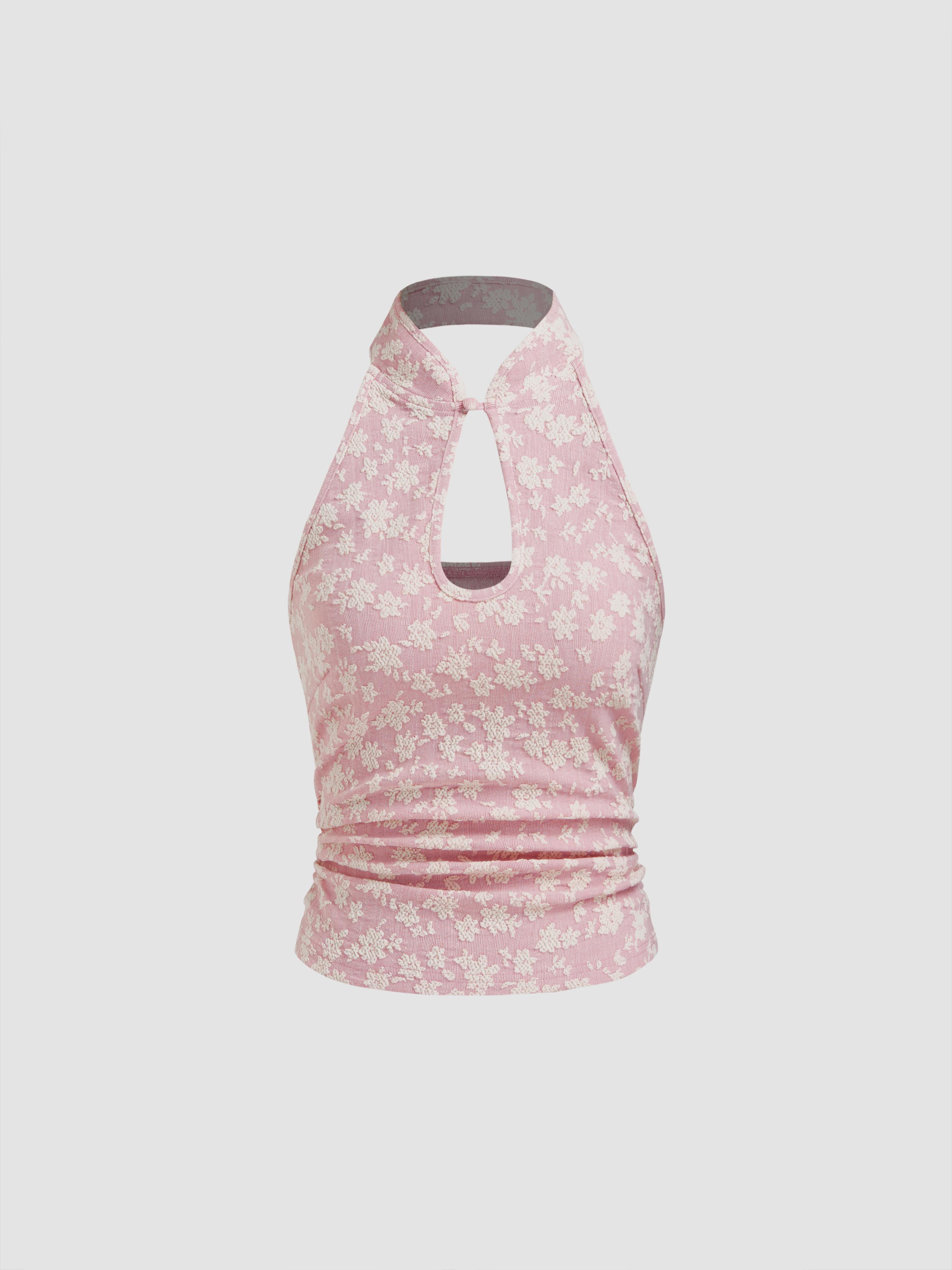 Jacquard Mandarin Collar Floral Cut Out Ruched Tank Top by CIDER Jacquard Mandarin Collar Floral Cut Out Ruched Tank Top by CIDER