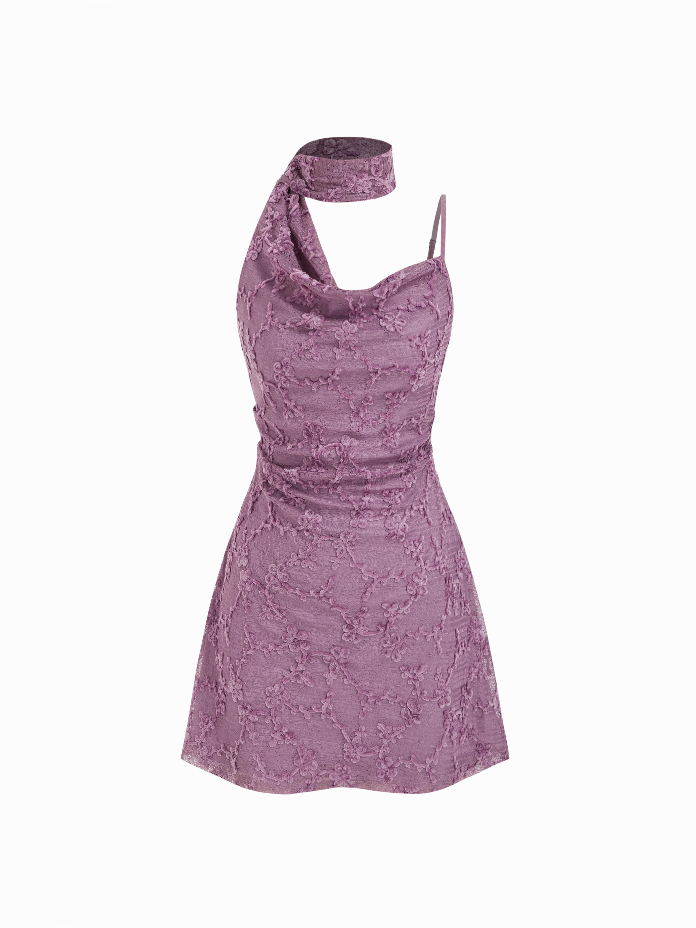 Jacquard Mesh Asymmetrical Neck Ruched Mini Dress With Scarf by CIDER