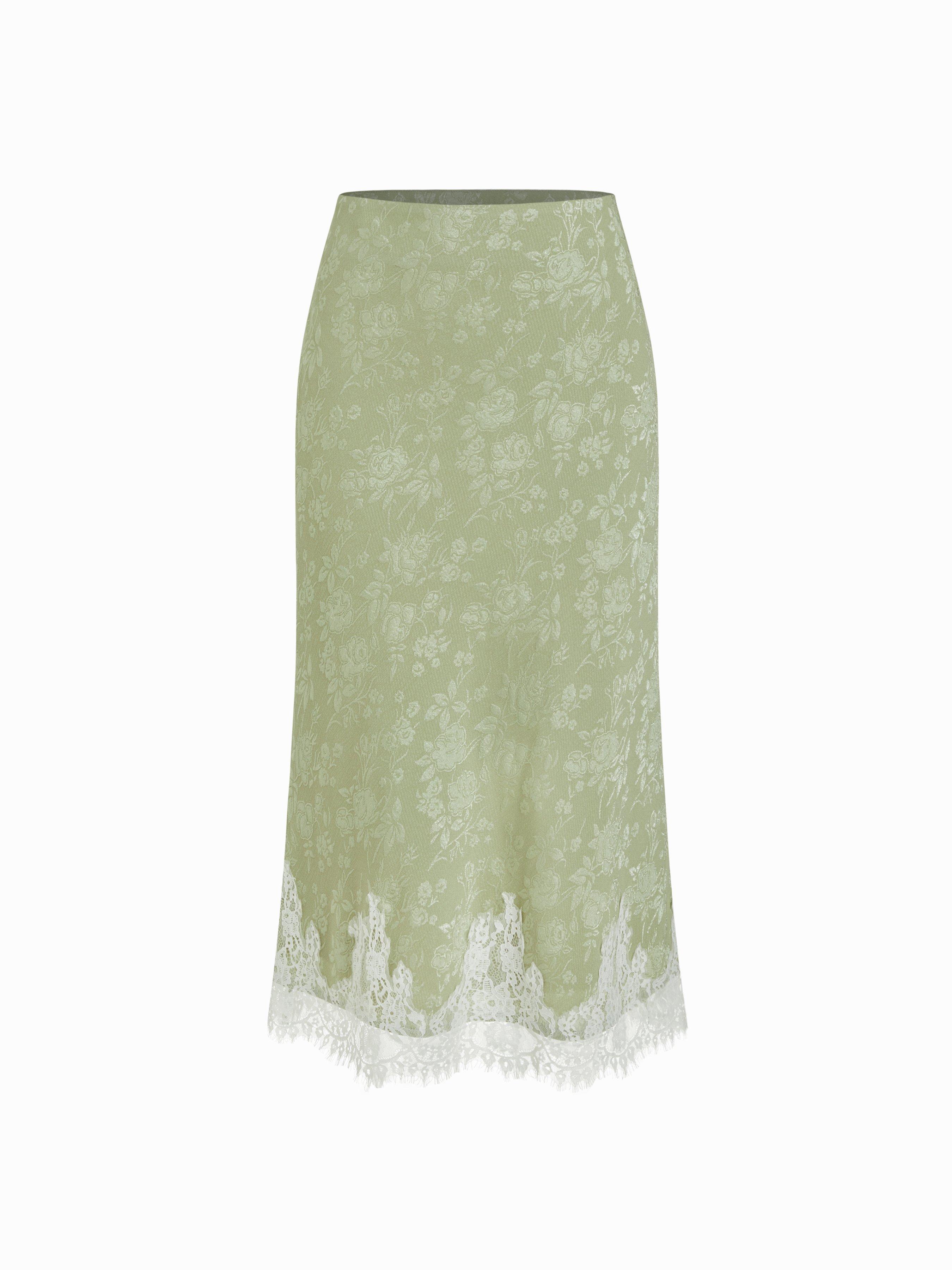 Jacquard Mid Rise Floral Lace Trim Mermaid Midi Skirt by CIDER