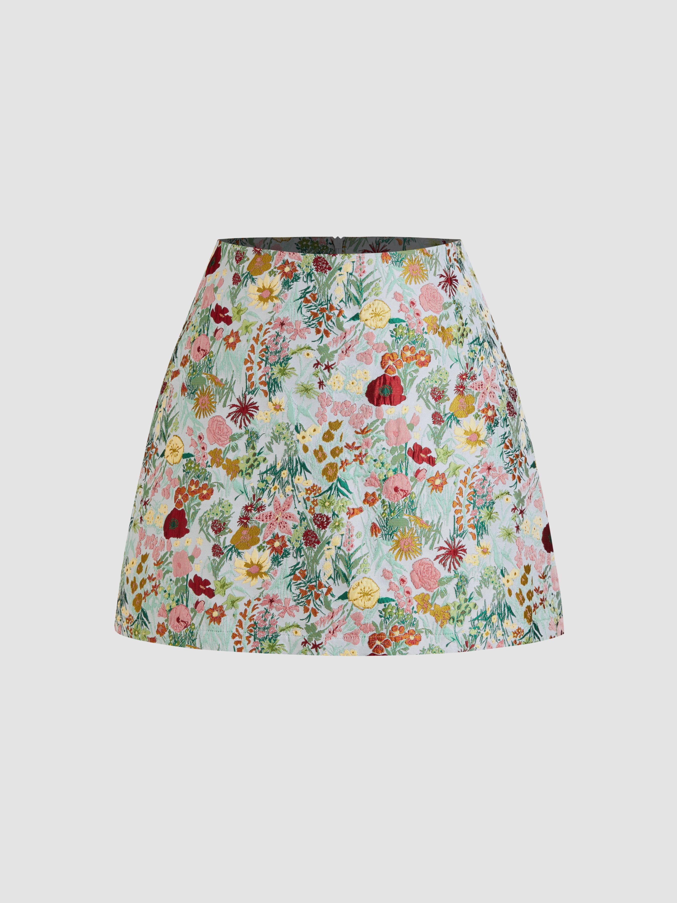 Jacquard Mid Rise Floral Zipper Mini Skirt by CIDER