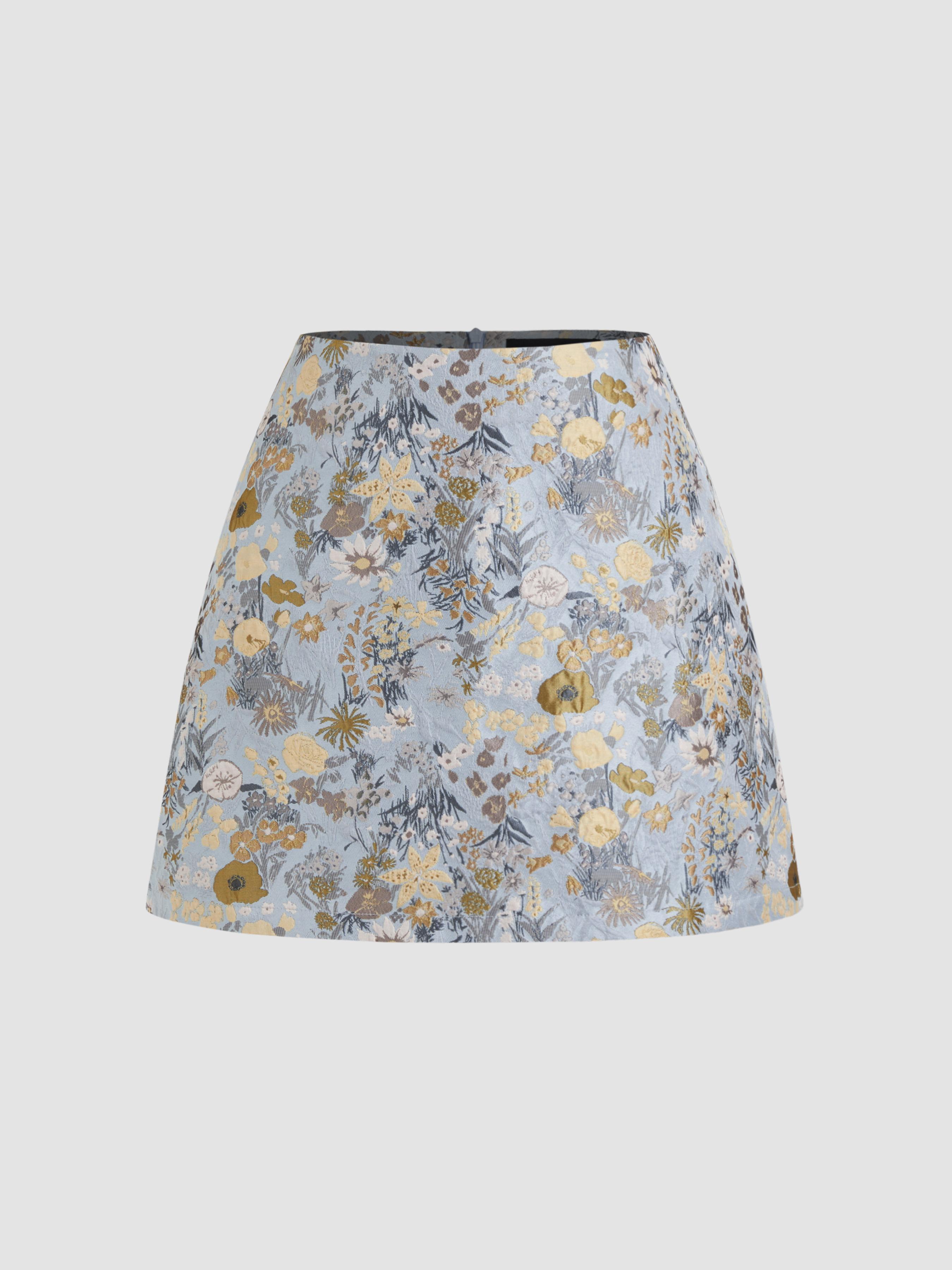 Jacquard Mid Rise Floral Zipper Mini Skirt by CIDER