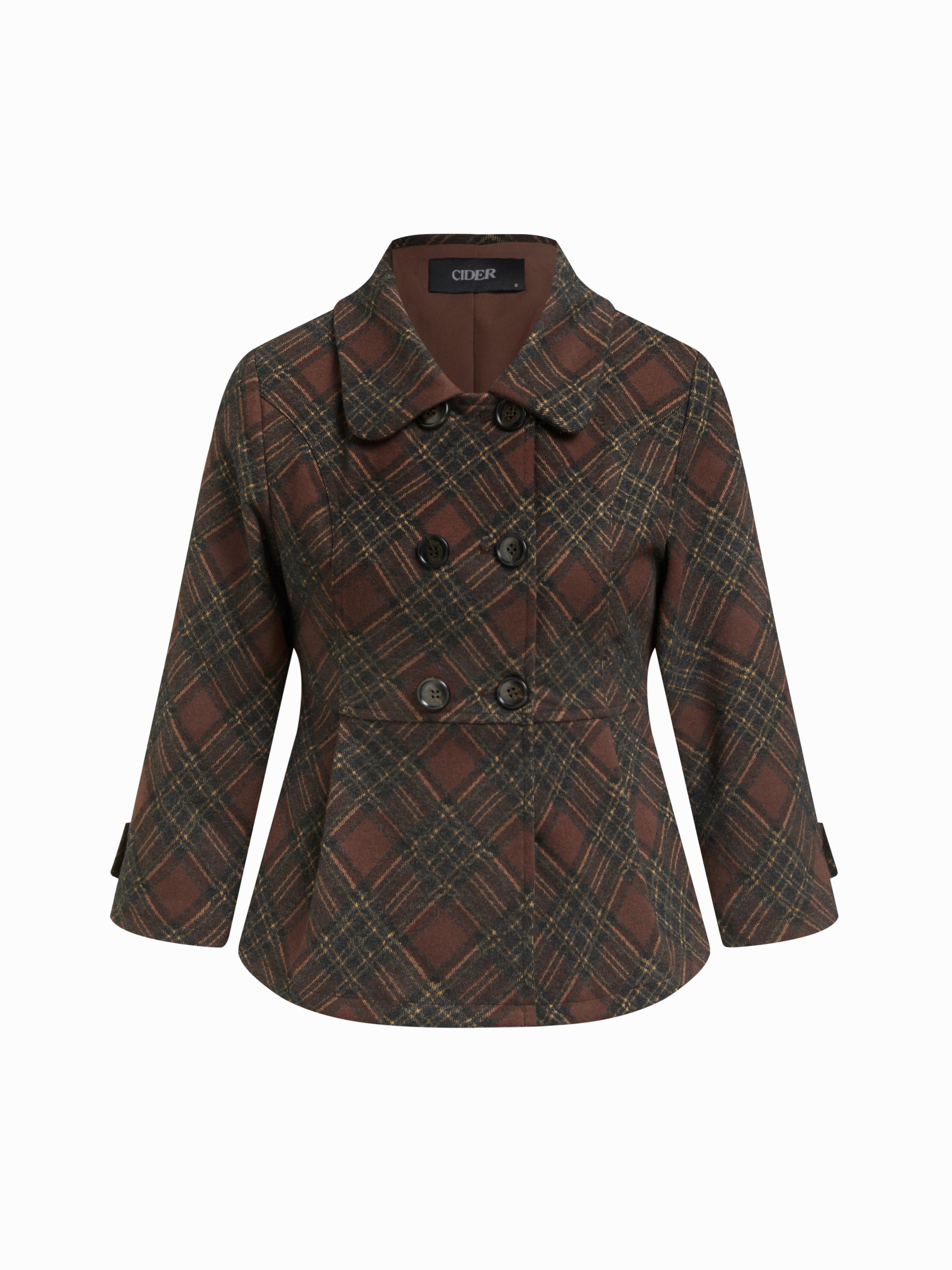 Jacquard Peter Pan Collar Plaid Double Breasted Mid-length Sleeve Jacket by CIDER