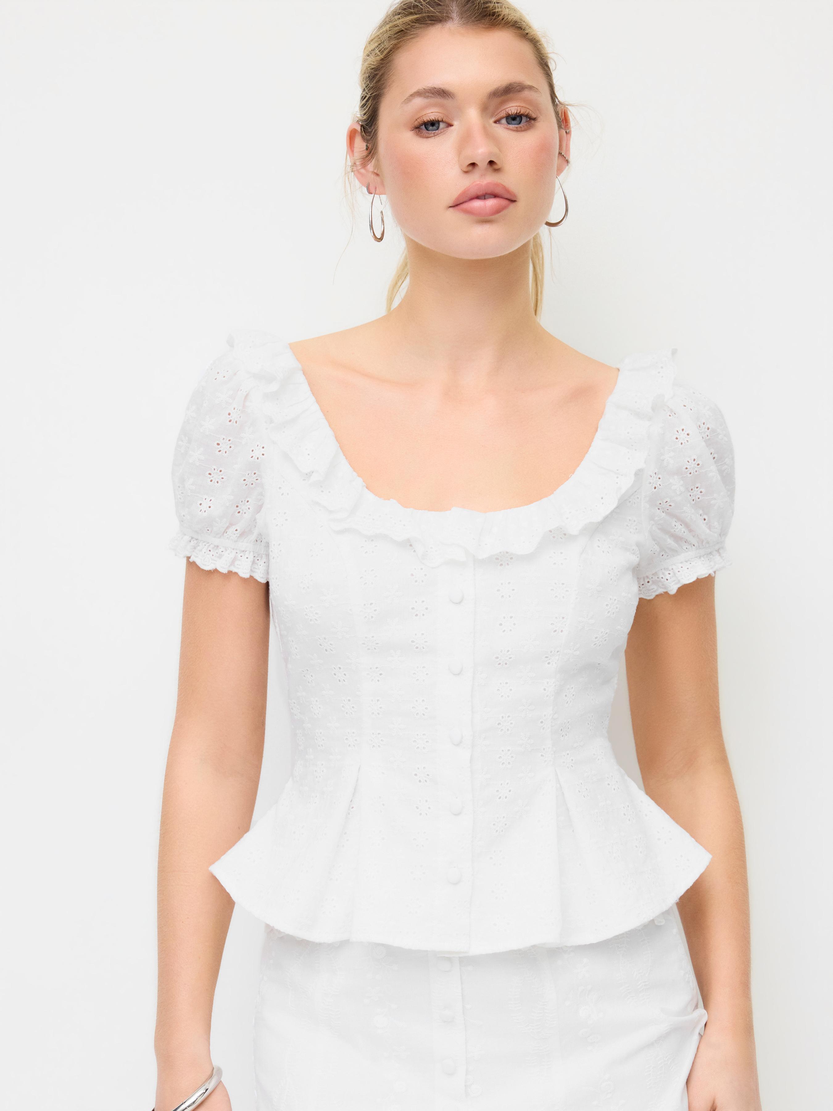 Jacquard Ruffled Scoop Neck Puff Sleeve Peplum Blouse by CIDER