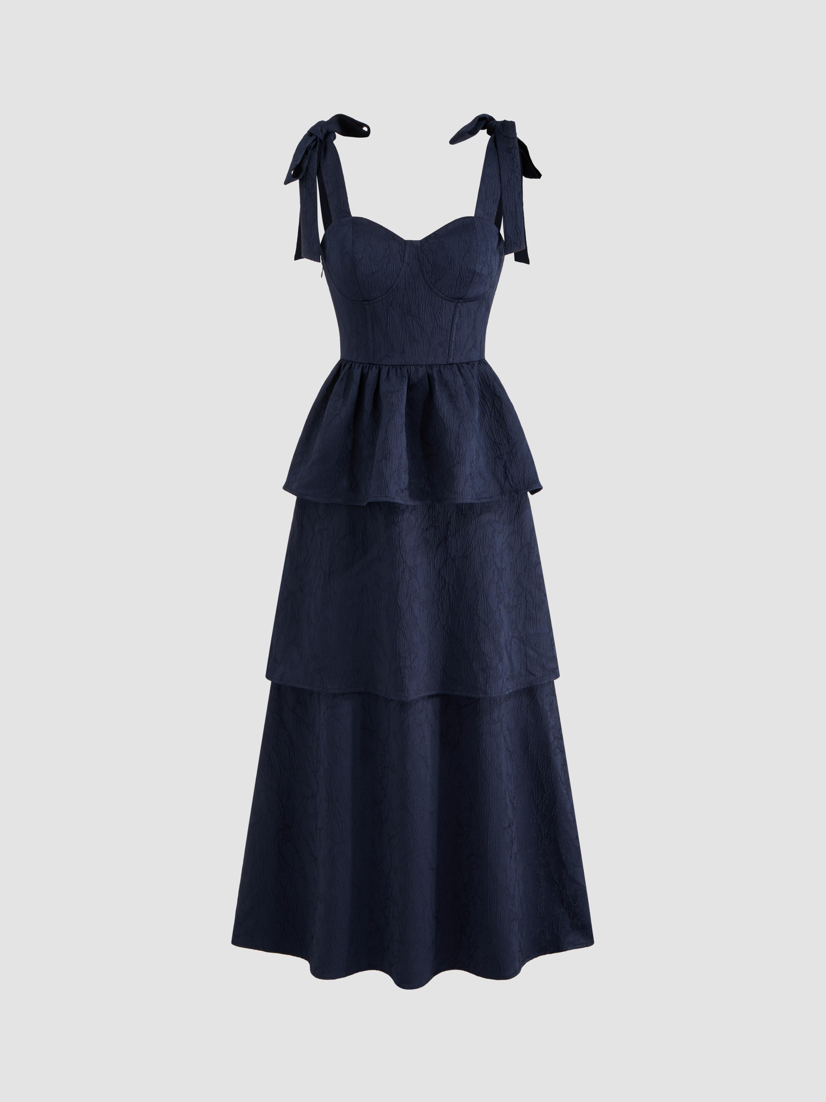 Jacquard Scoop Neckline Solid Bowknot Layered Maxi Dress by CIDER