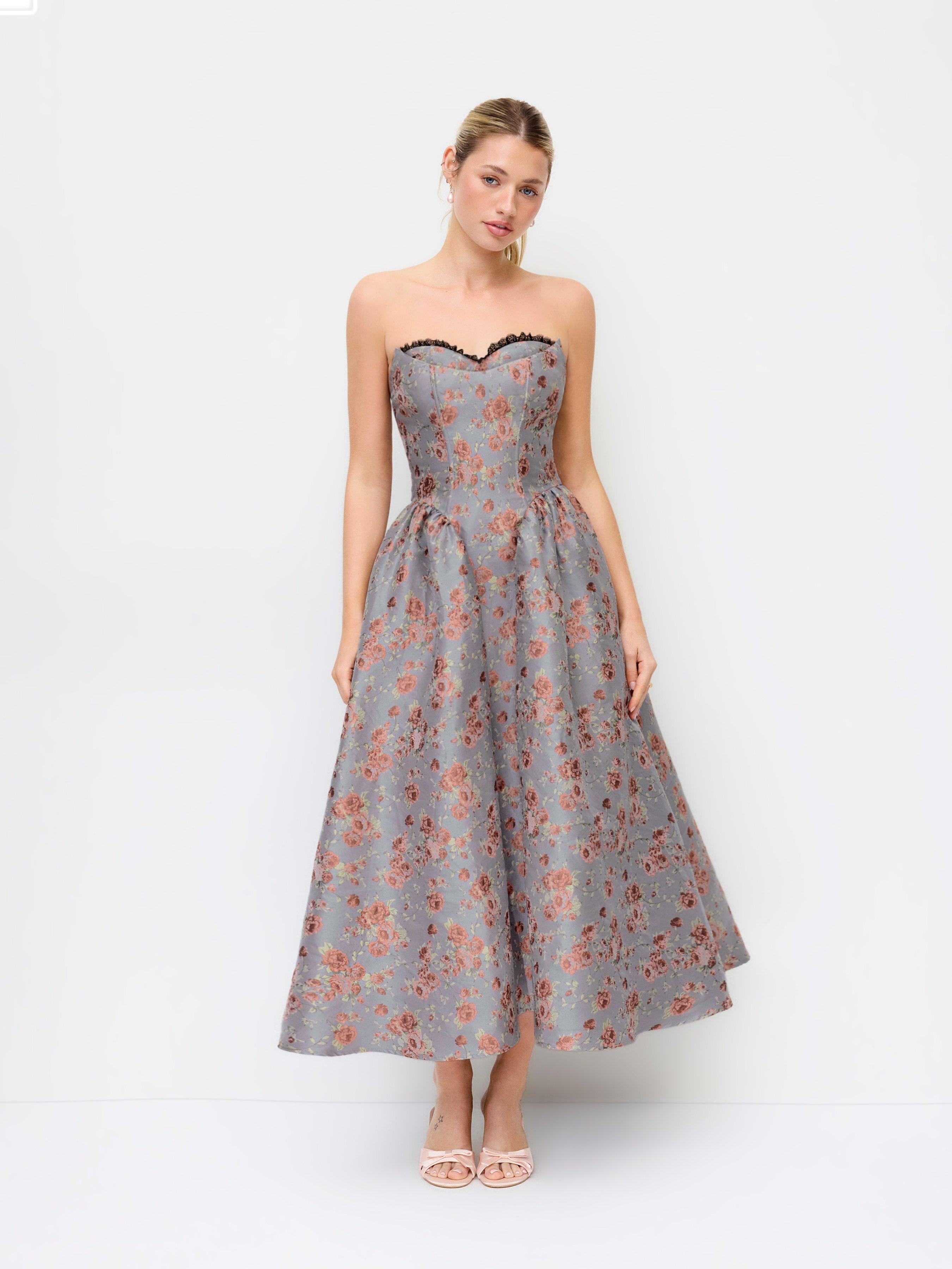 Jacquard Sculptural Floral Bandeau Lace Trim Bowknot A-line Maxi Dress by CIDER