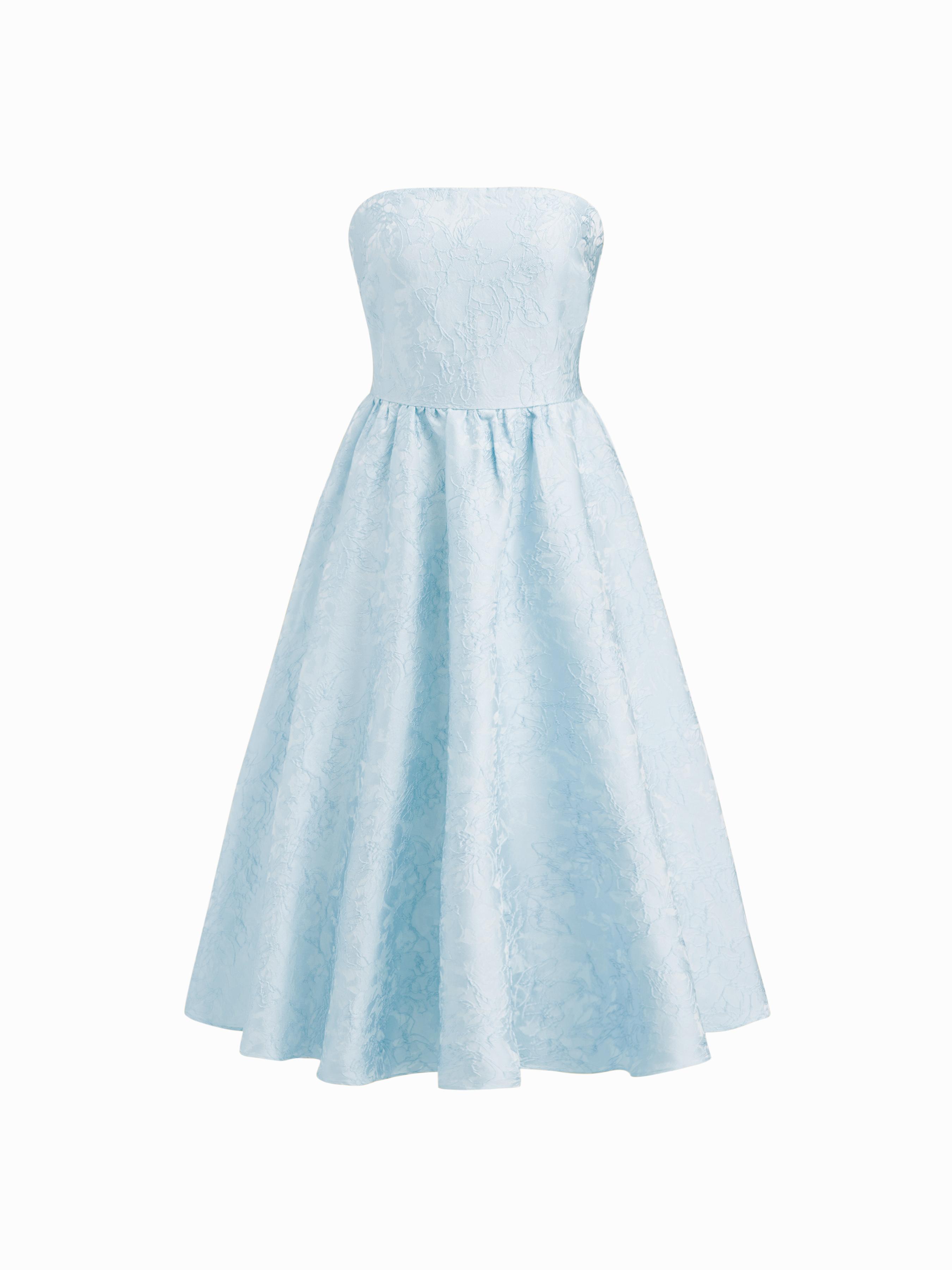 Jacquard Sculptural Floral Bandeau Lace Up Ruffle Midi Dress by CIDER