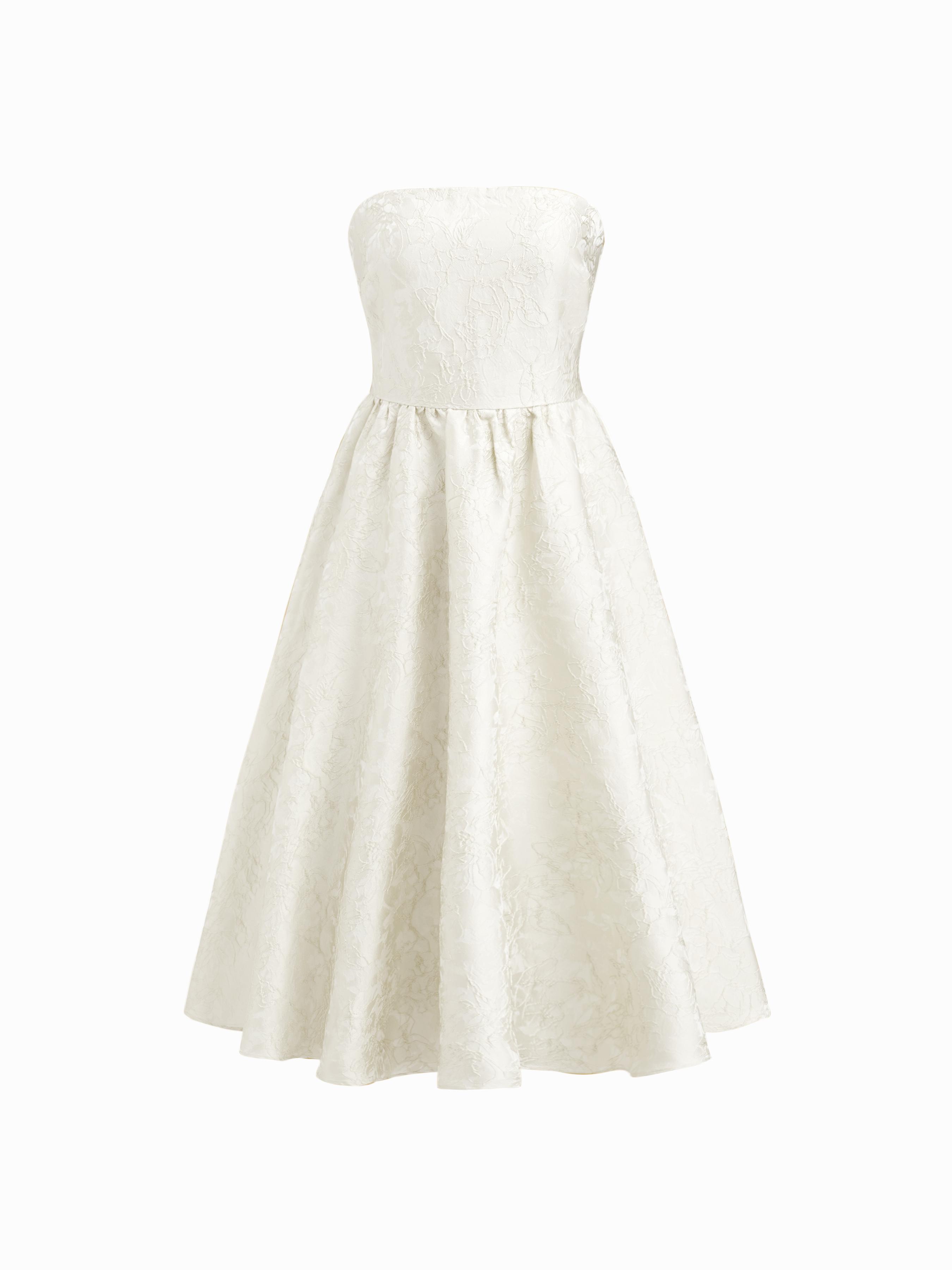 Jacquard Sculptural Floral Bandeau Lace Up Ruffle Midi Dress by CIDER