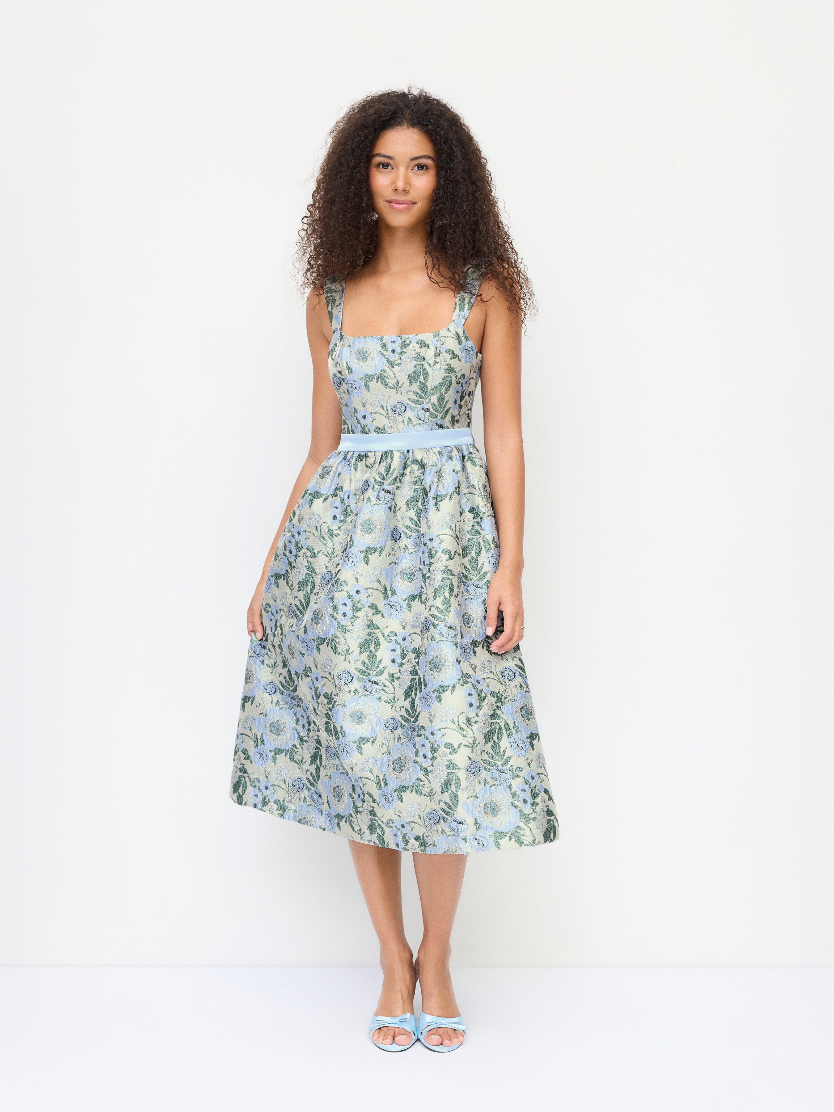 Jacquard Sculptural Floral Square Neck Lace Up Flared Midi Dress by CIDER