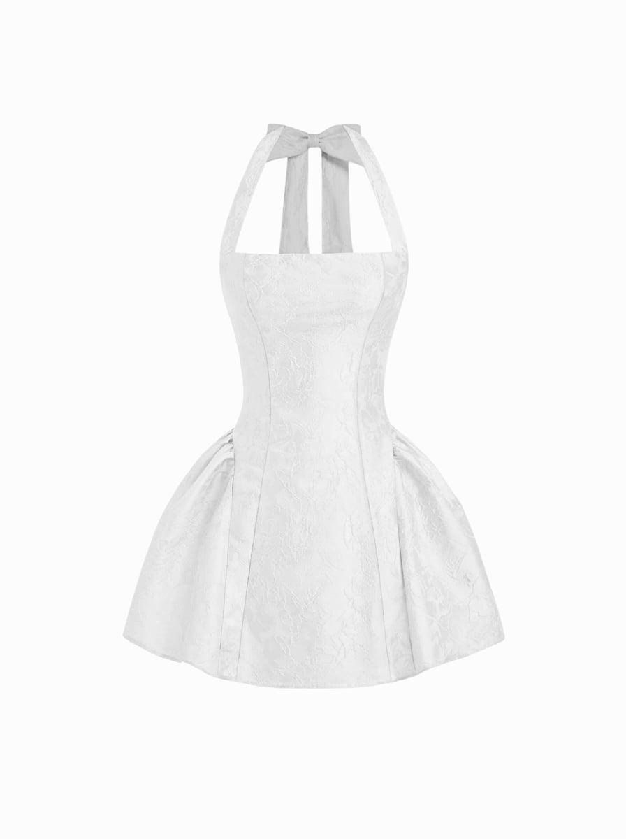 Jacquard Sculptural Halter Neckline Floral Bowknot Ruched Flared Mini Dress by CIDER