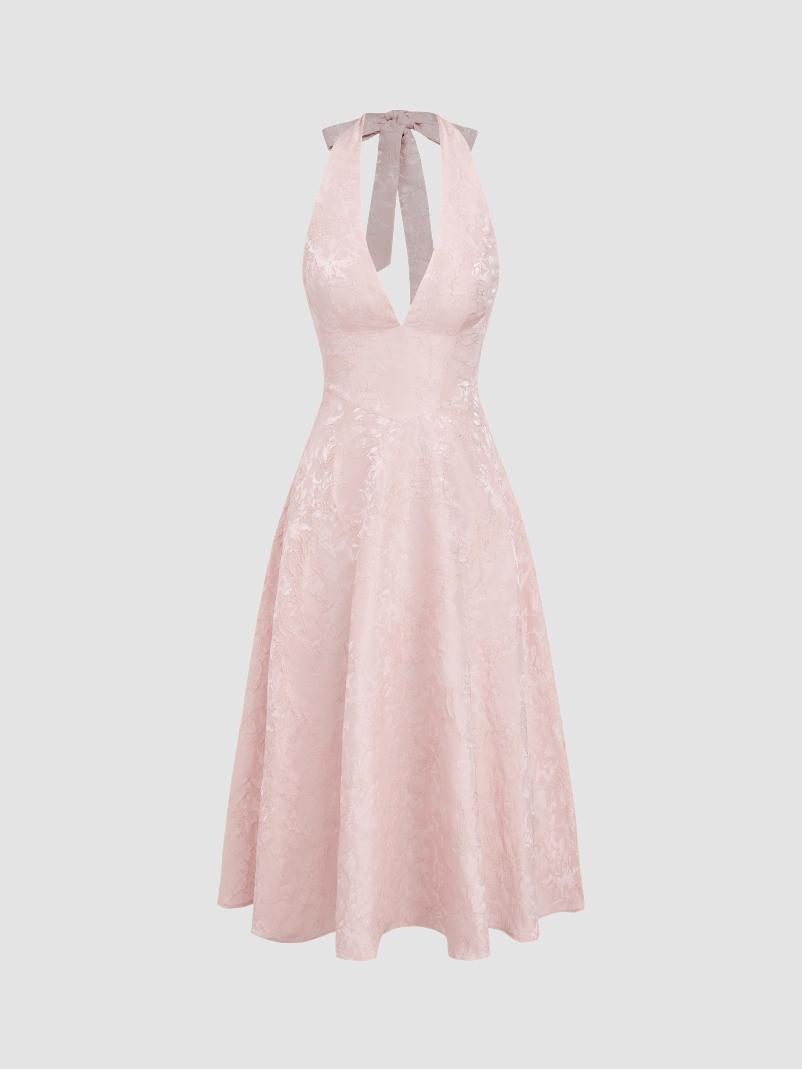 Jacquard Sculptural Halter Neckline Floral Lace Up Maxi Dress by CIDER