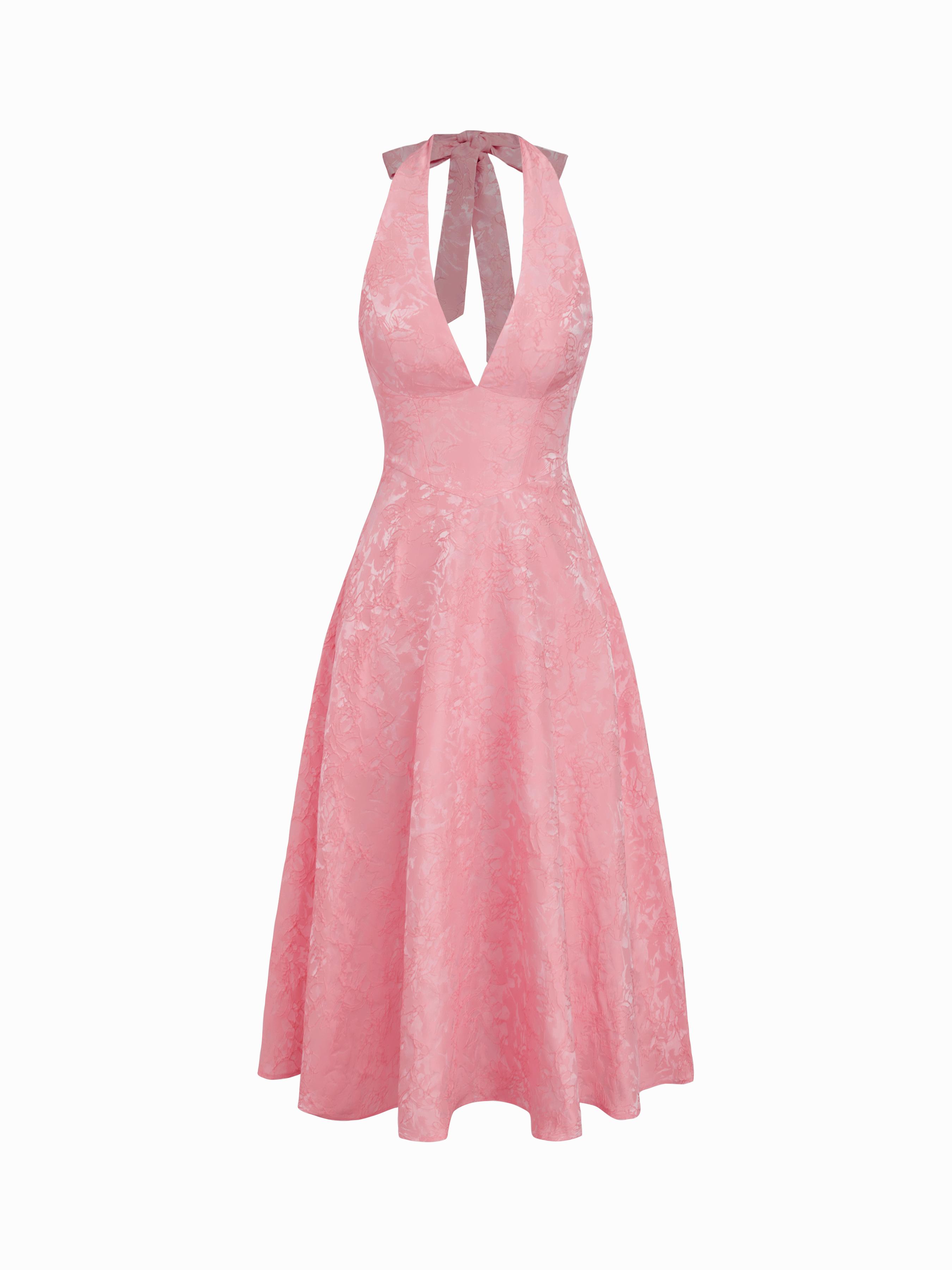 Jacquard Sculptural Halter Neckline Floral Lace Up Maxi Dress by CIDER