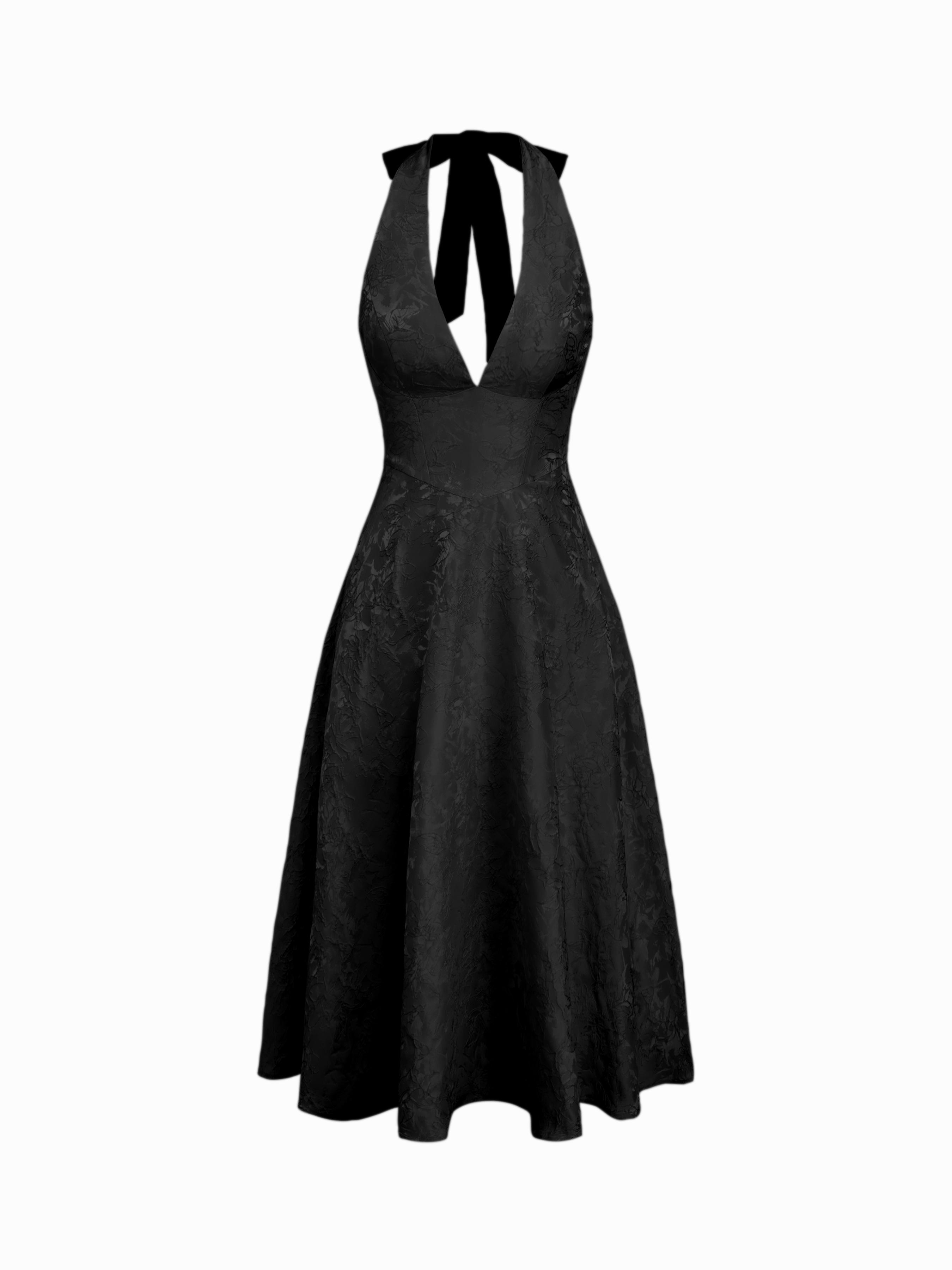 Jacquard Sculptural Halter Neckline Floral Lace Up Maxi Dress by CIDER