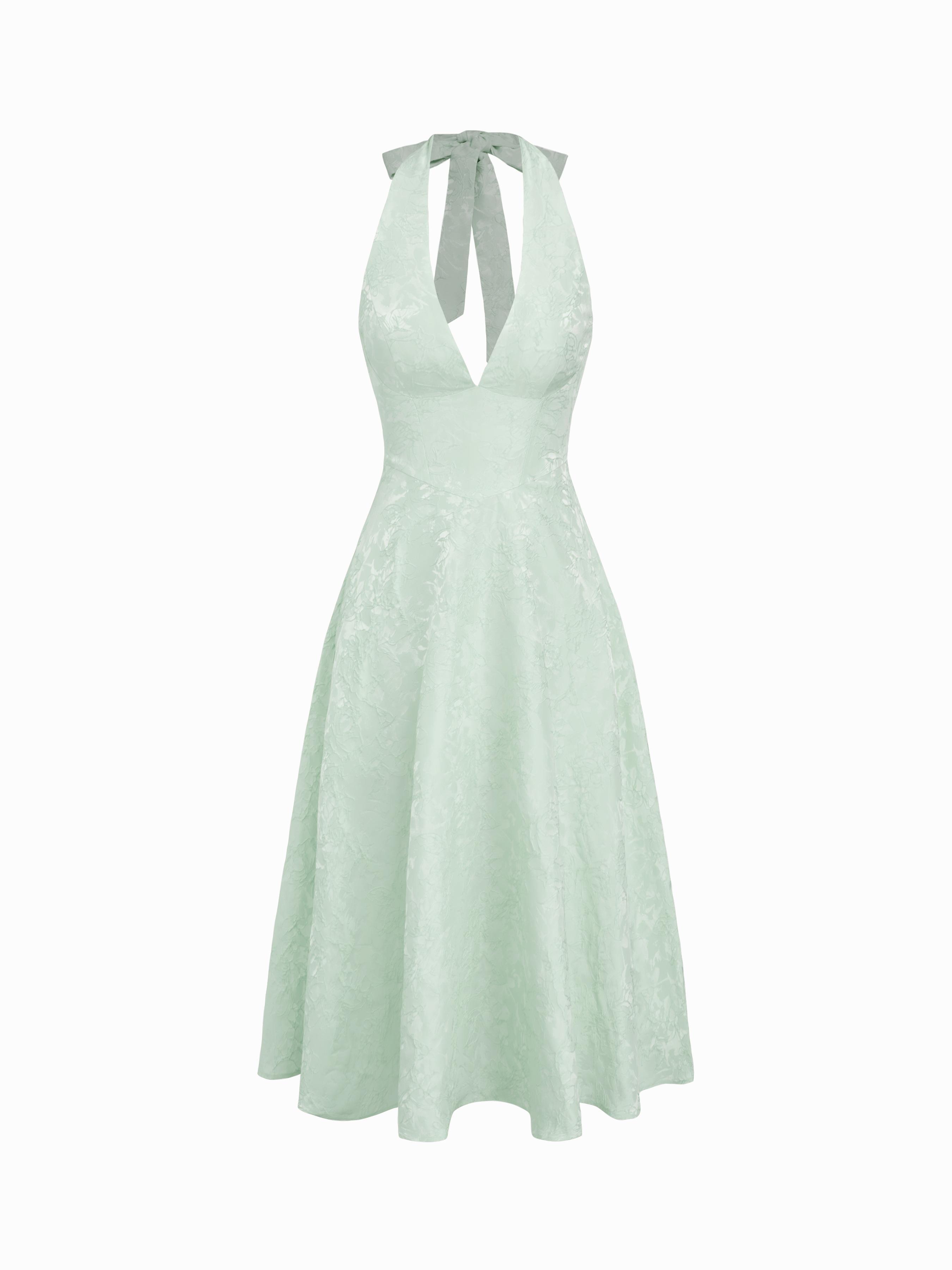 Jacquard Sculptural Halter Neckline Floral Lace Up Maxi Dress by CIDER