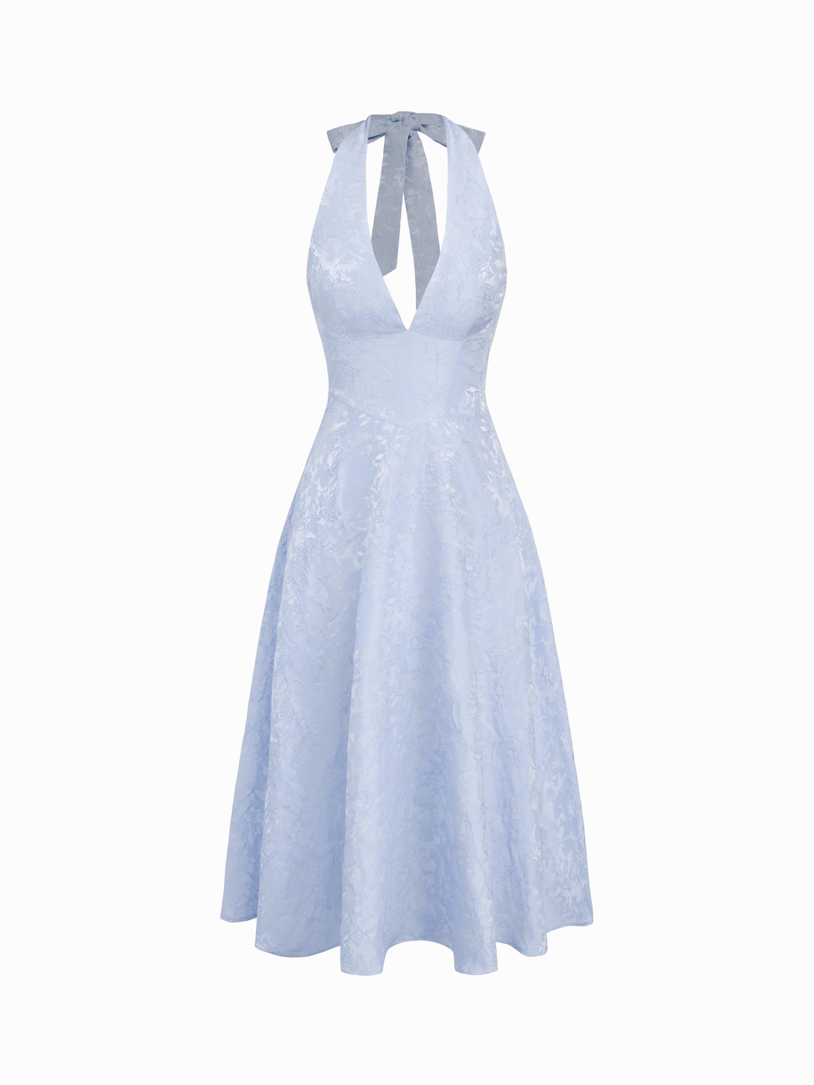 Jacquard Sculptural Halter Neckline Floral Lace Up Maxi Dress by CIDER
