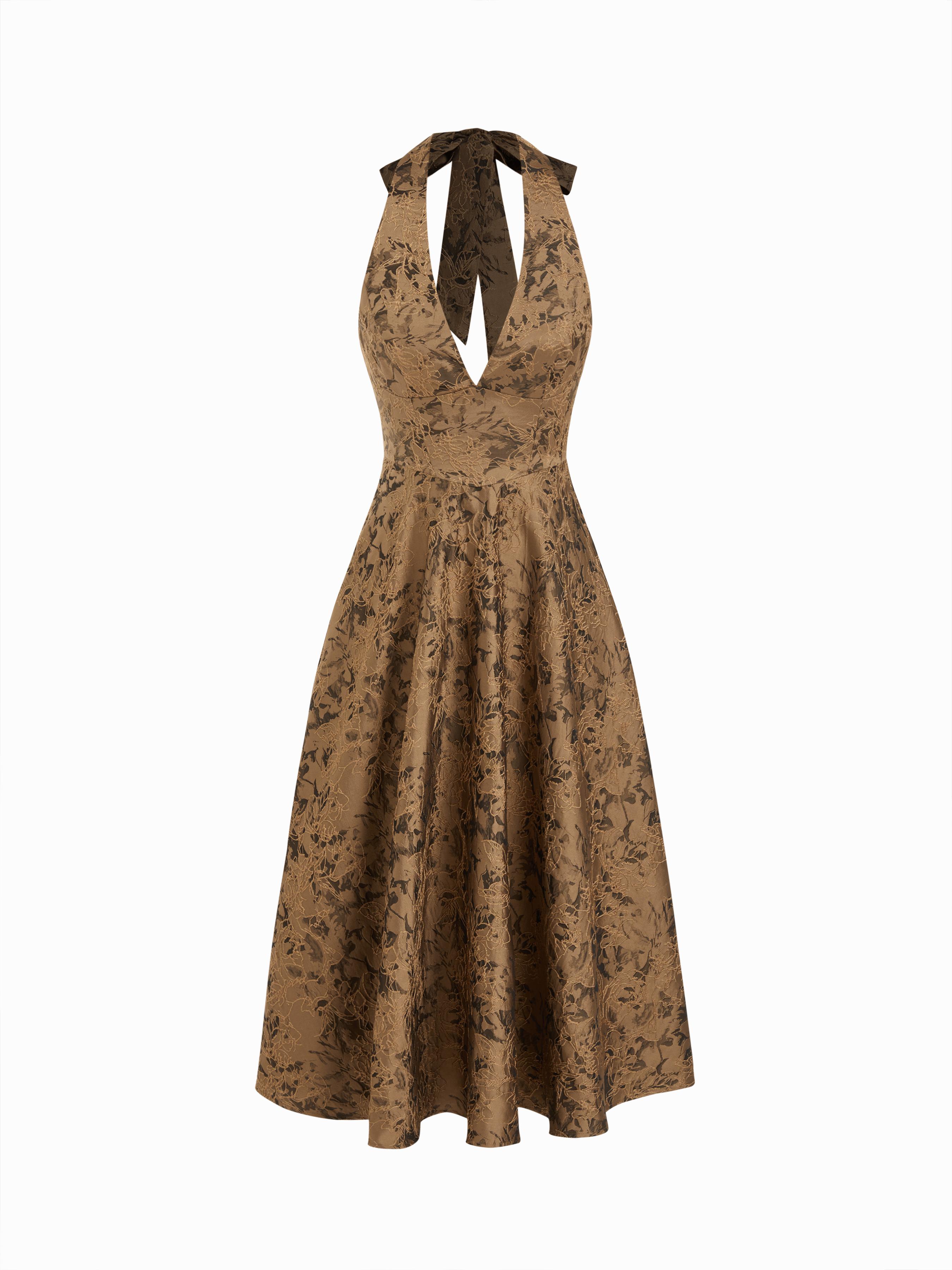 Jacquard Sculptural Halter Neckline Floral Lace Up Maxi Dress by CIDER