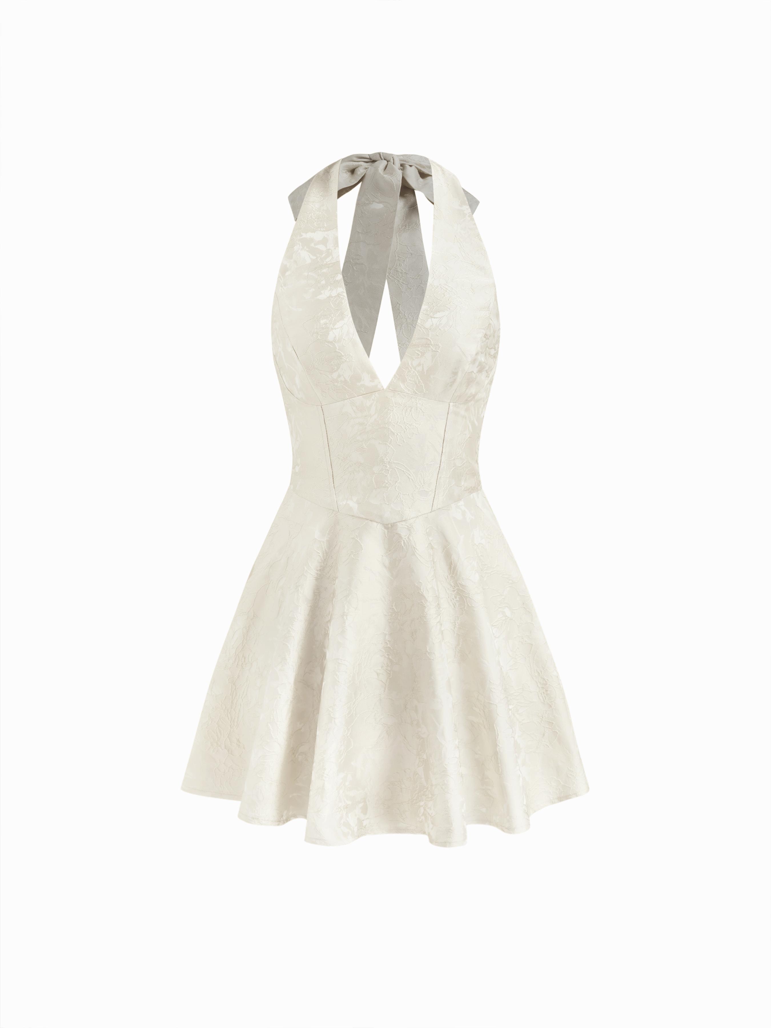 Jacquard Sculptural Halter V-neck Lace Up Backless Ruffle Mini Dress by CIDER
