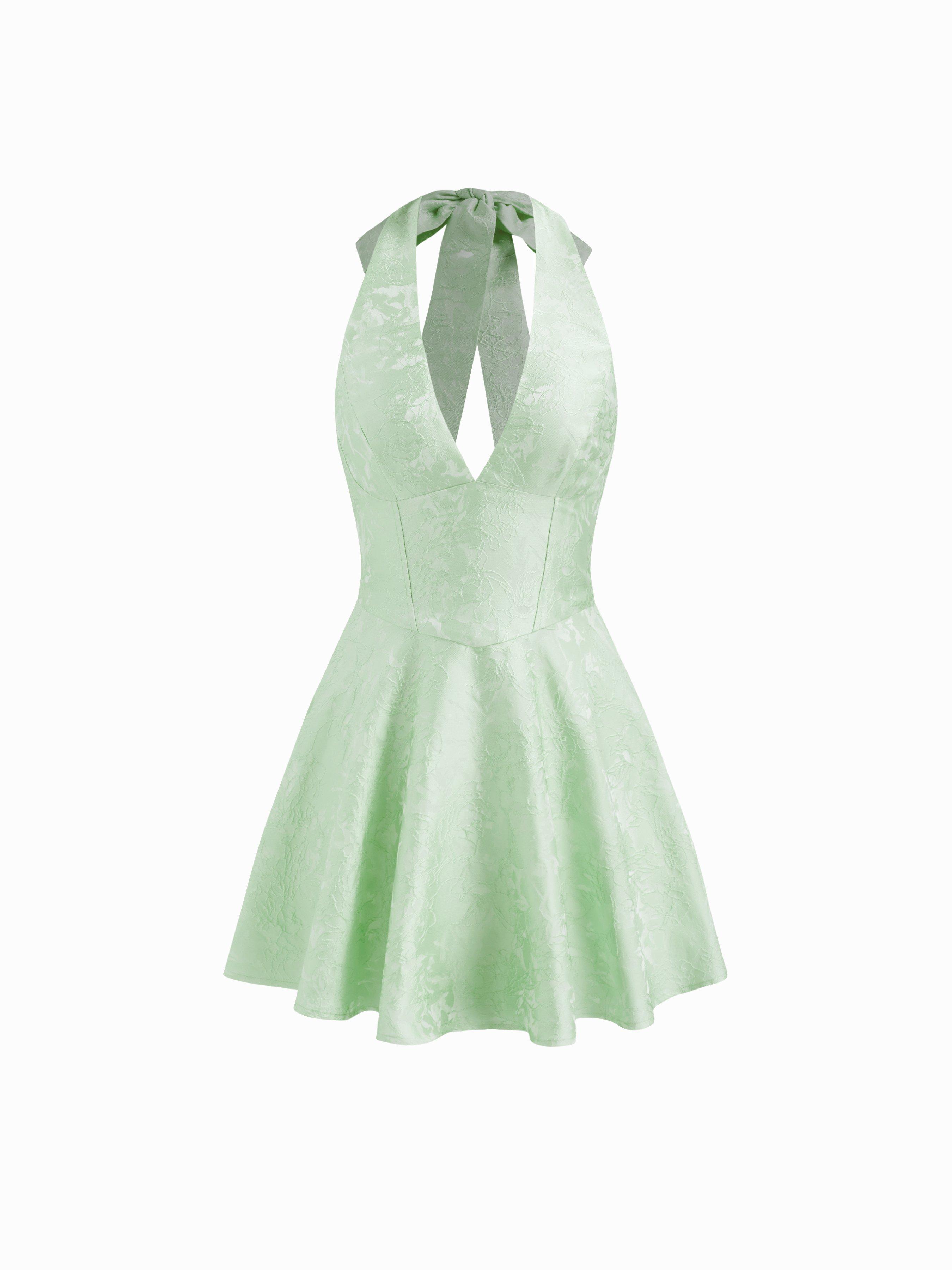 Jacquard Sculptural Halter V-neck Lace Up Backless Ruffle Mini Dress by CIDER