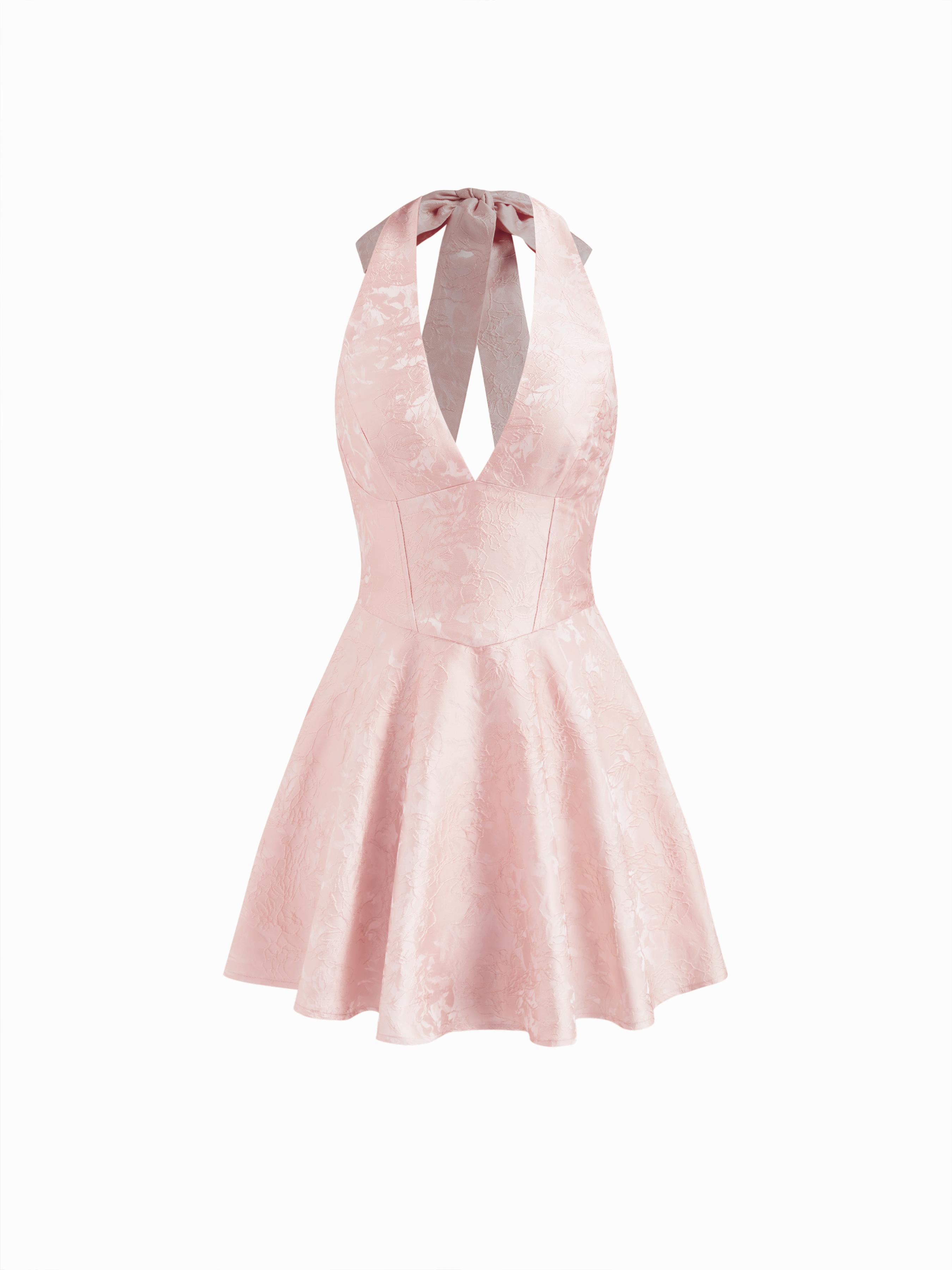 Jacquard Sculptural Halter V-neck Lace Up Backless Ruffle Mini Dress by CIDER