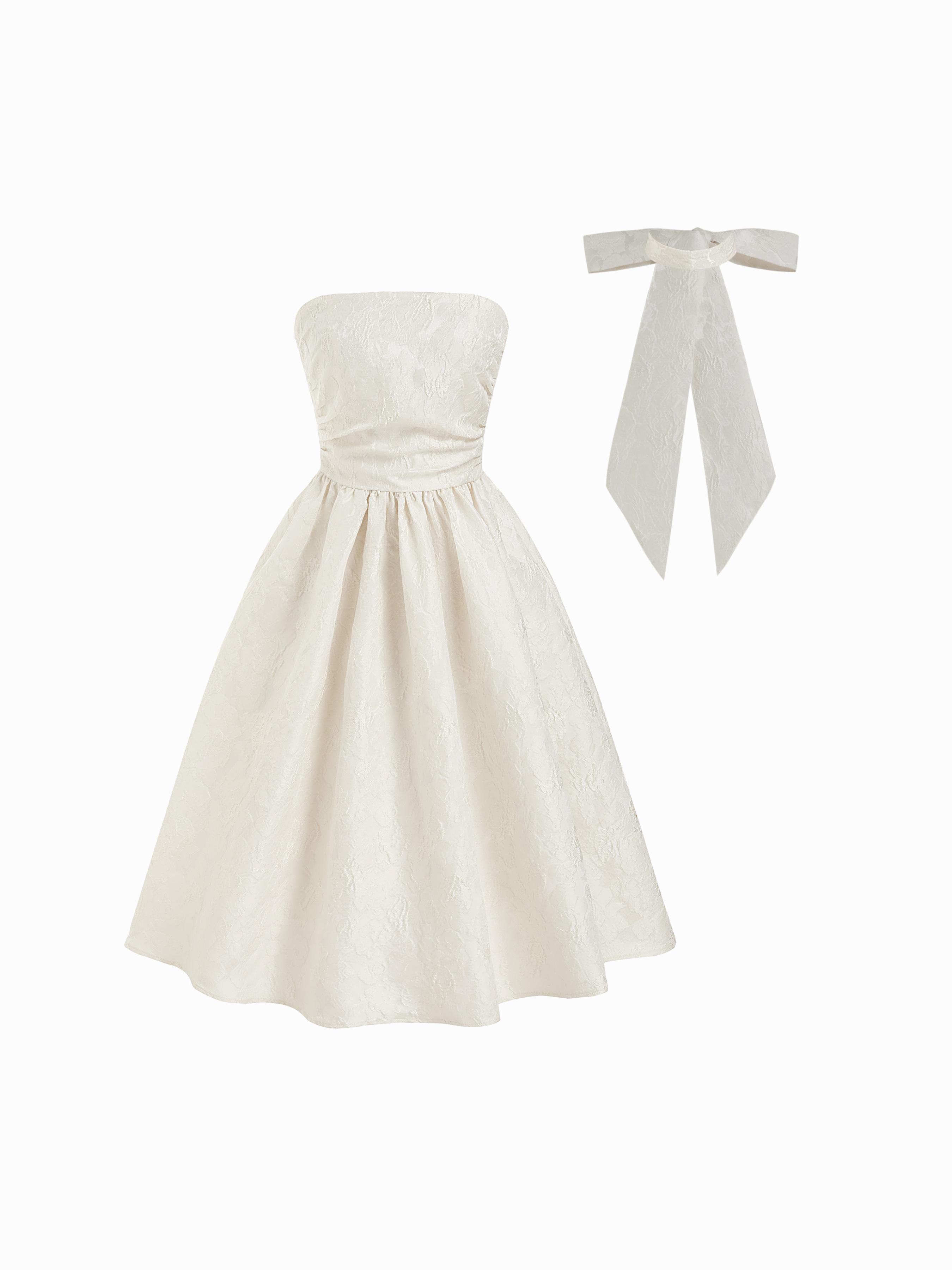 Jacquard Sculptural Ruched Lace Up Bandeau Flared Maxi Dress With Bowknot Scarf by CIDER
