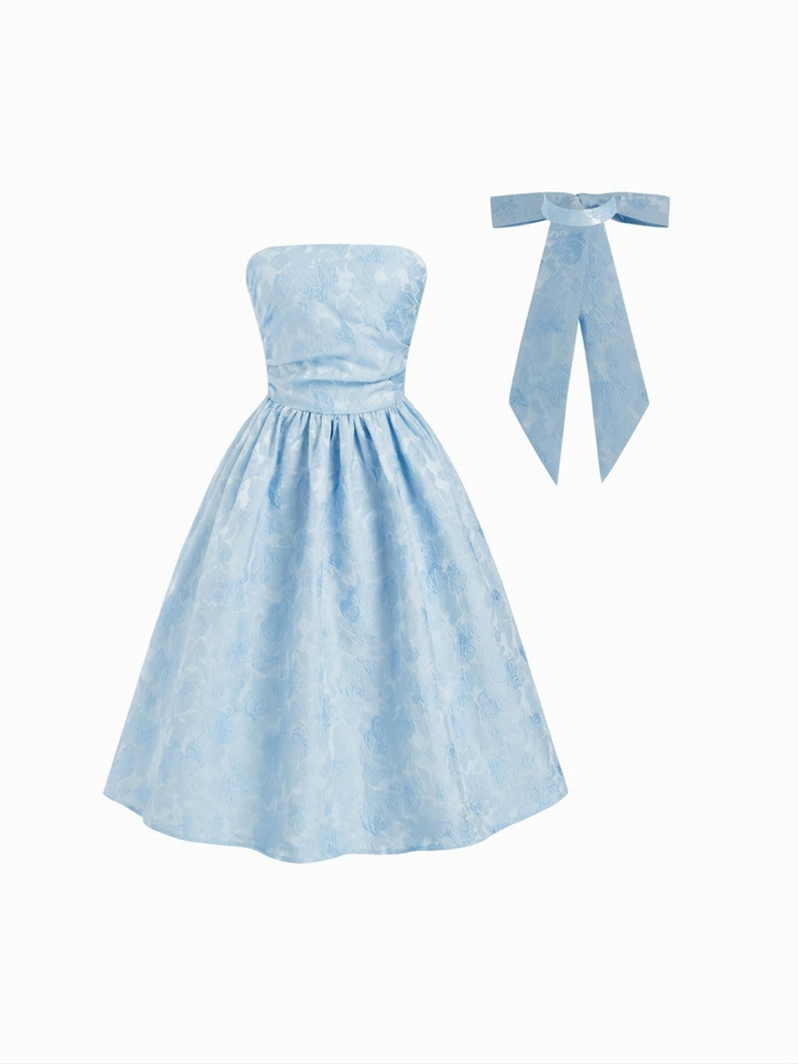 Jacquard Sculptural Ruched Lace Up Bandeau Flared Maxi Dress With Bowknot Scarf by CIDER