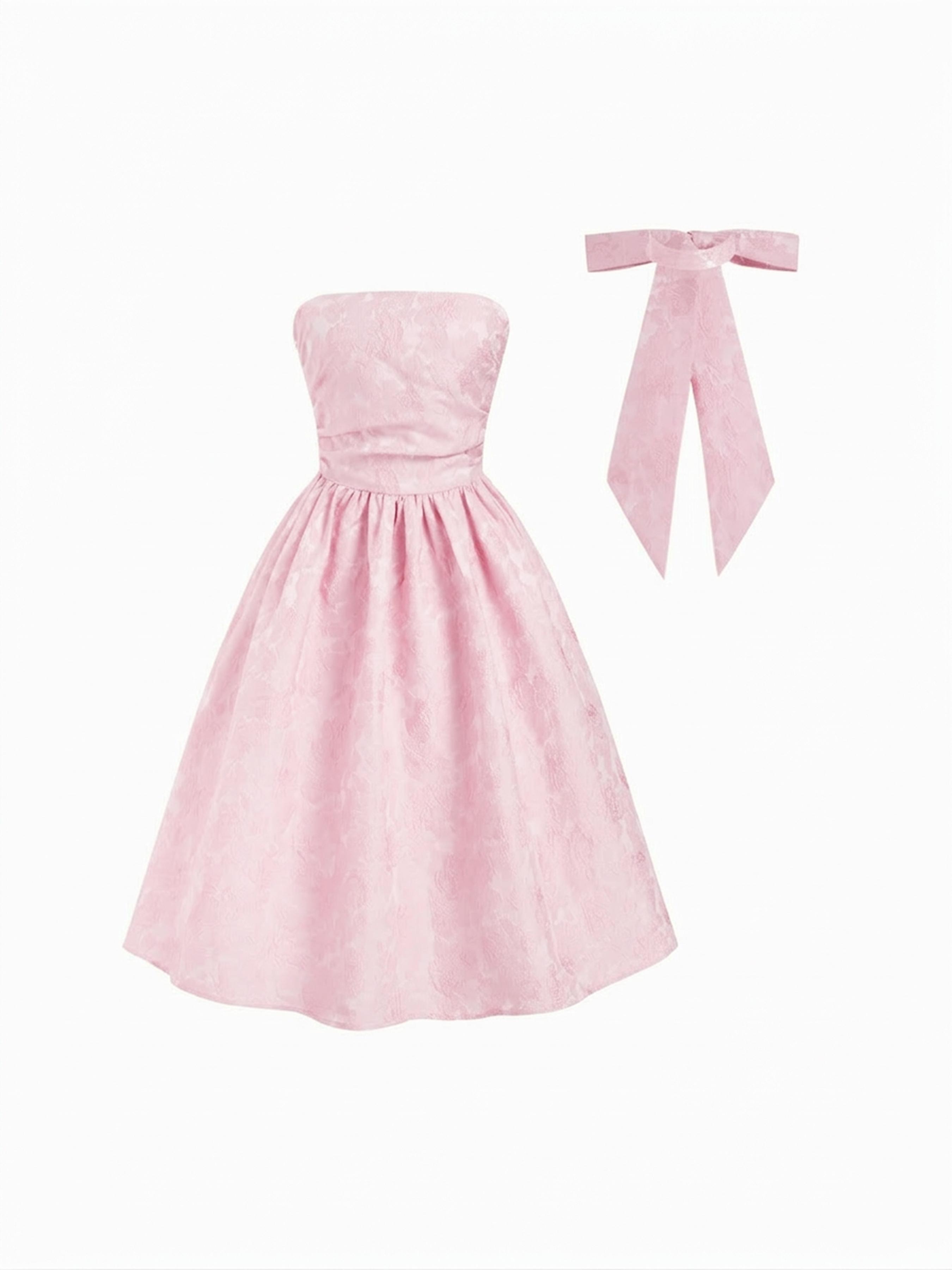 Jacquard Sculptural Ruched Lace Up Bandeau Flared Maxi Dress With Bowknot Scarf by CIDER