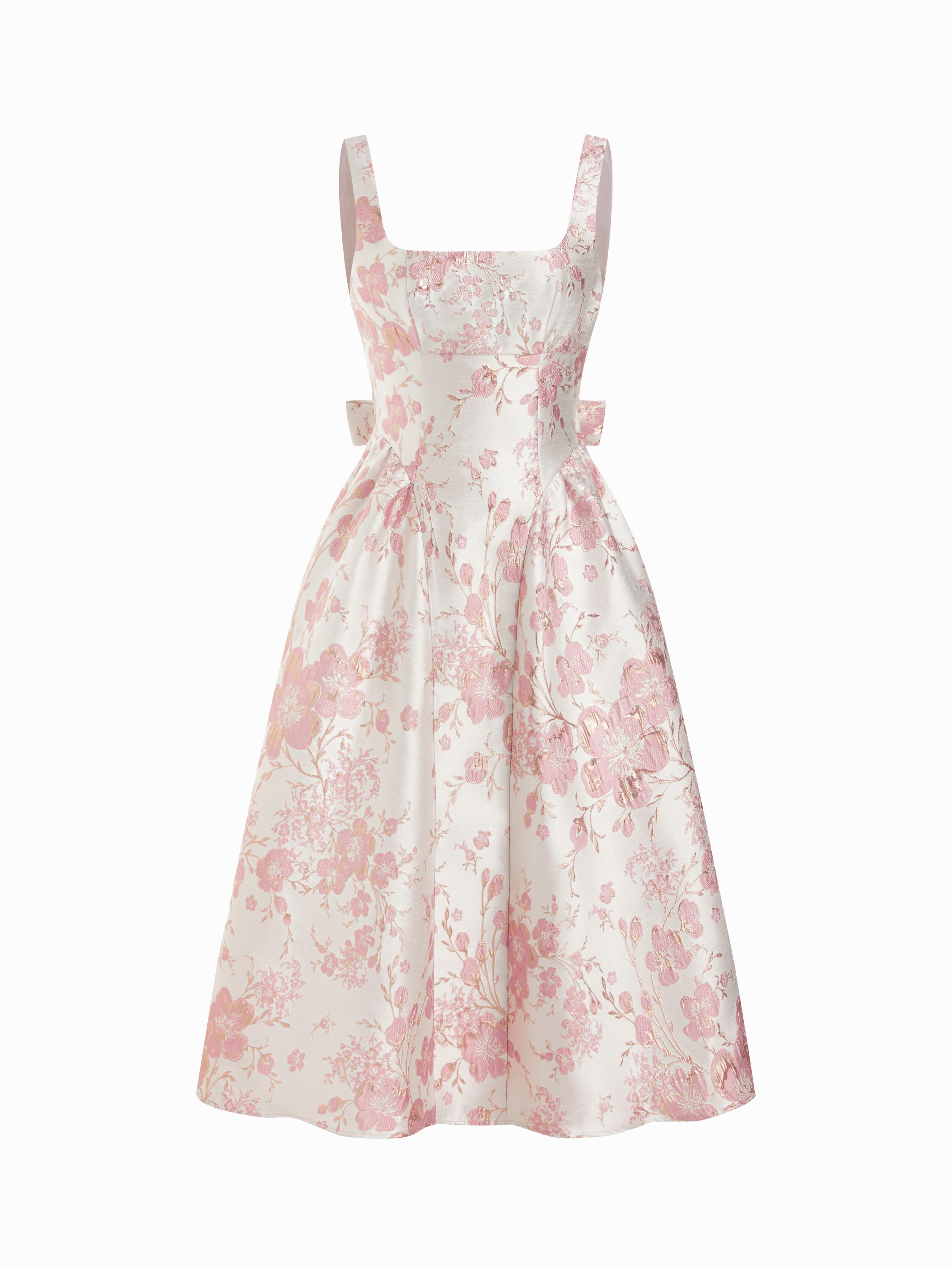 Jacquard Sculptural Square Neck Floral Bowknot Midi Dress by CIDER