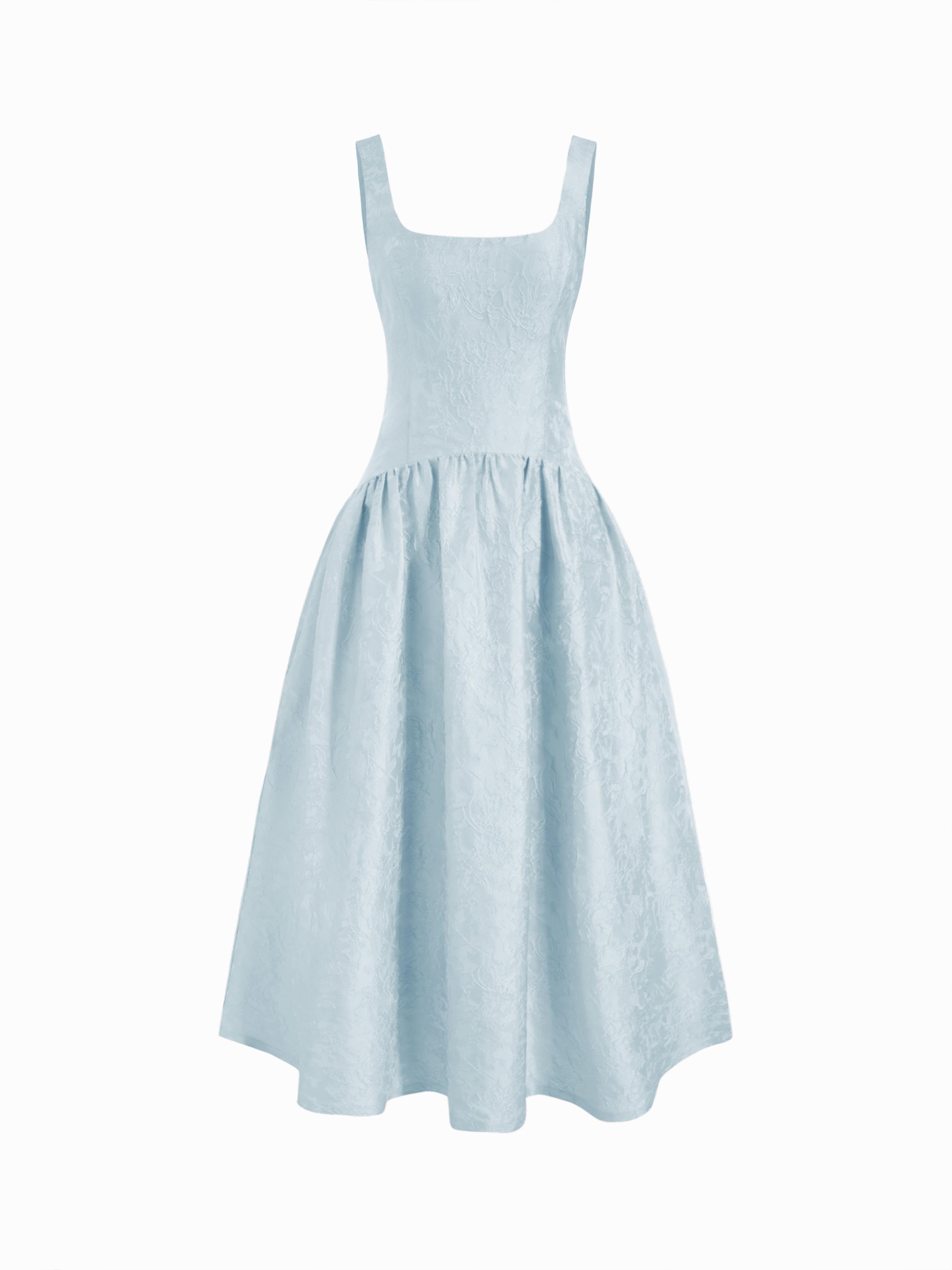 Jacquard Sculptural Square Neck Lace Up Ruffled Flared Maxi Dress by CIDER