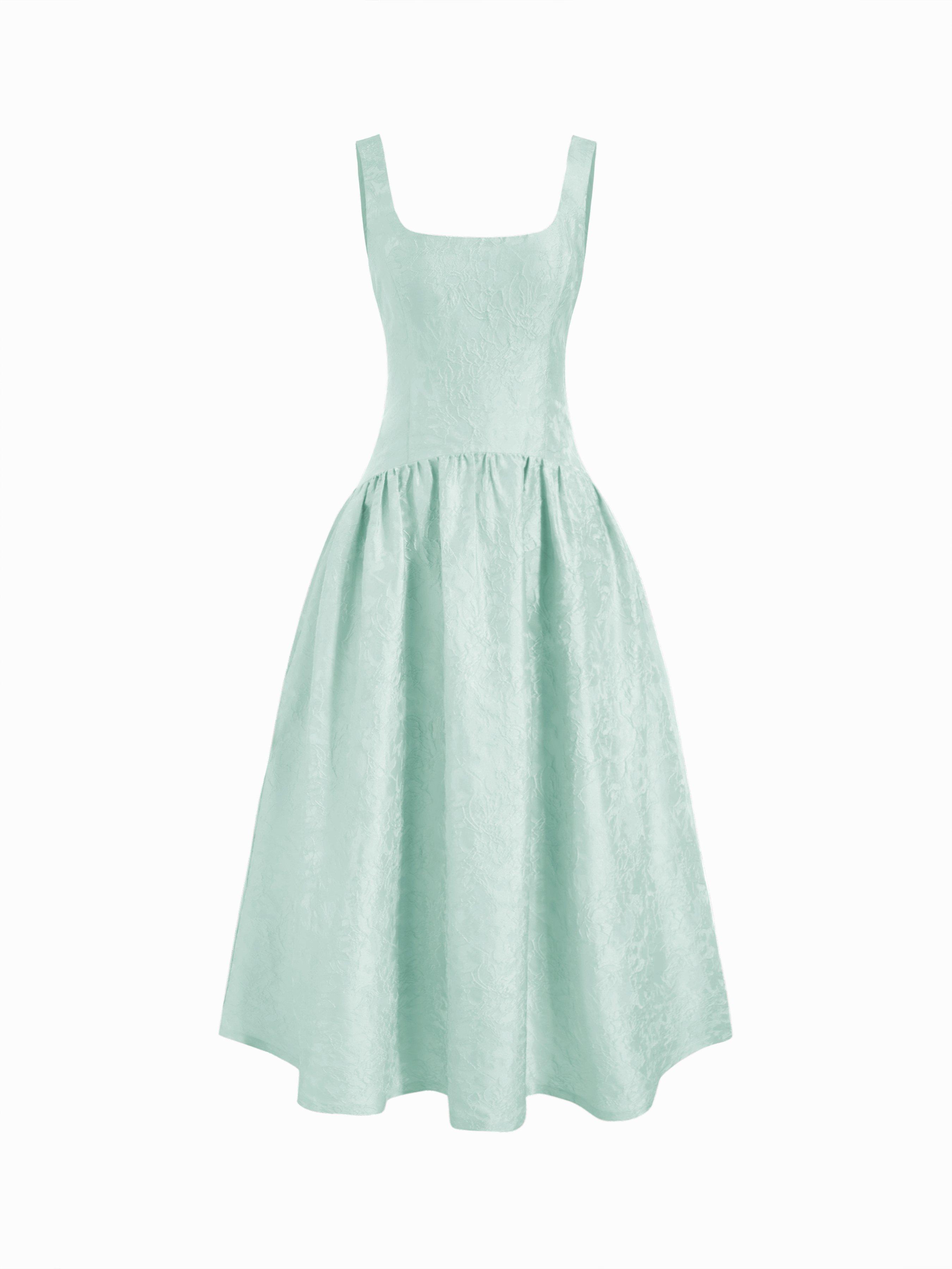 Jacquard Sculptural Square Neck Lace Up Ruffled Flared Maxi Dress by CIDER