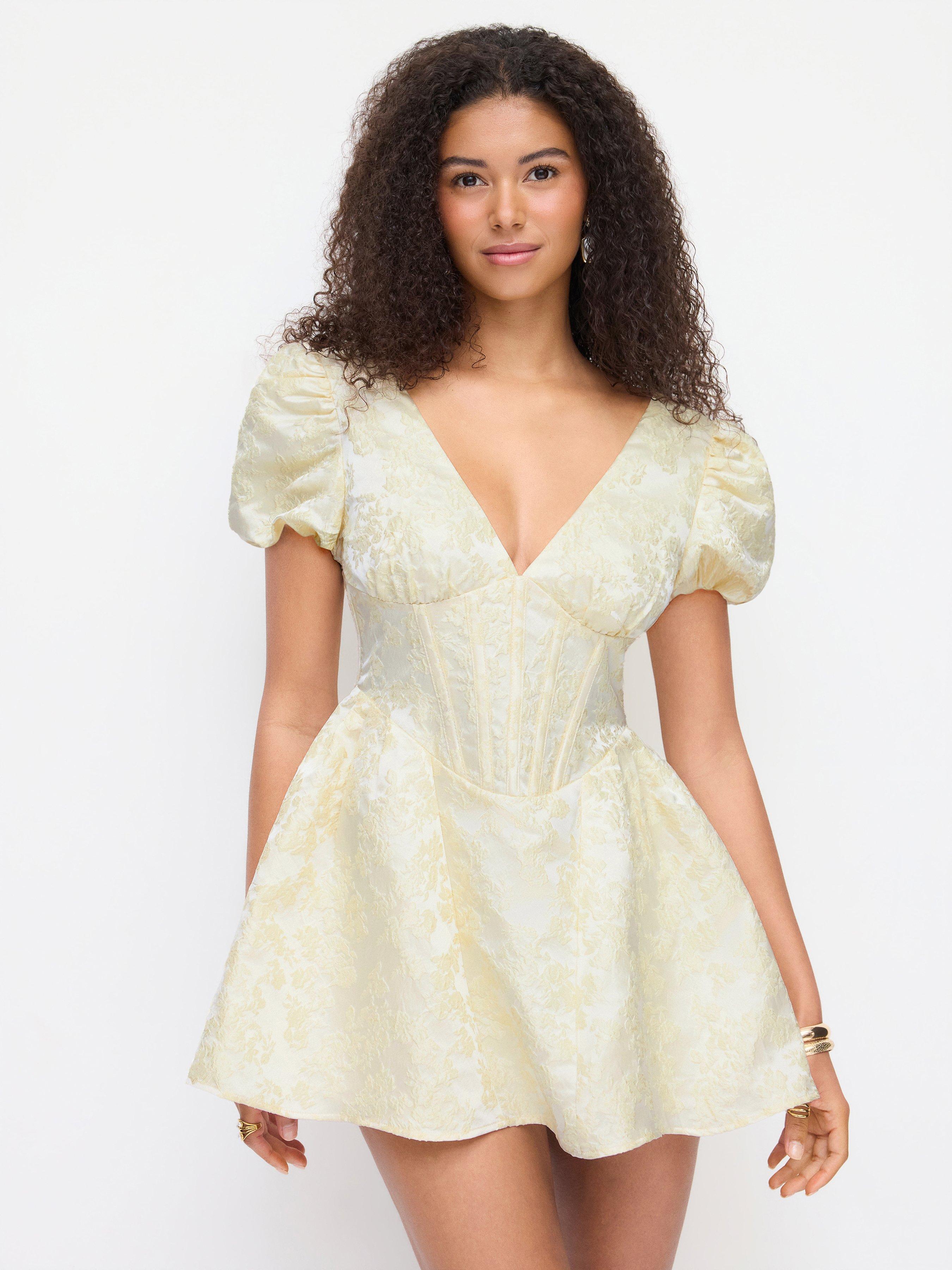 Jacquard Sculptural V-neck Puff Sleeve Corset Flared Mini Dress by CIDER
