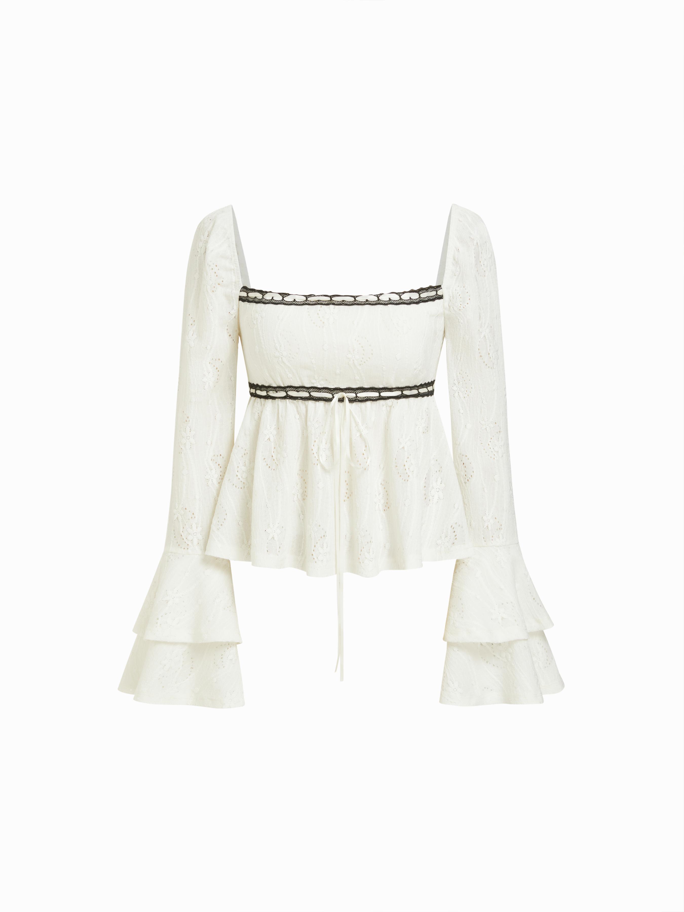 Jacquard Square Neck Bell Sleeve Lace Floral Ruffled Peplum Top by CIDER