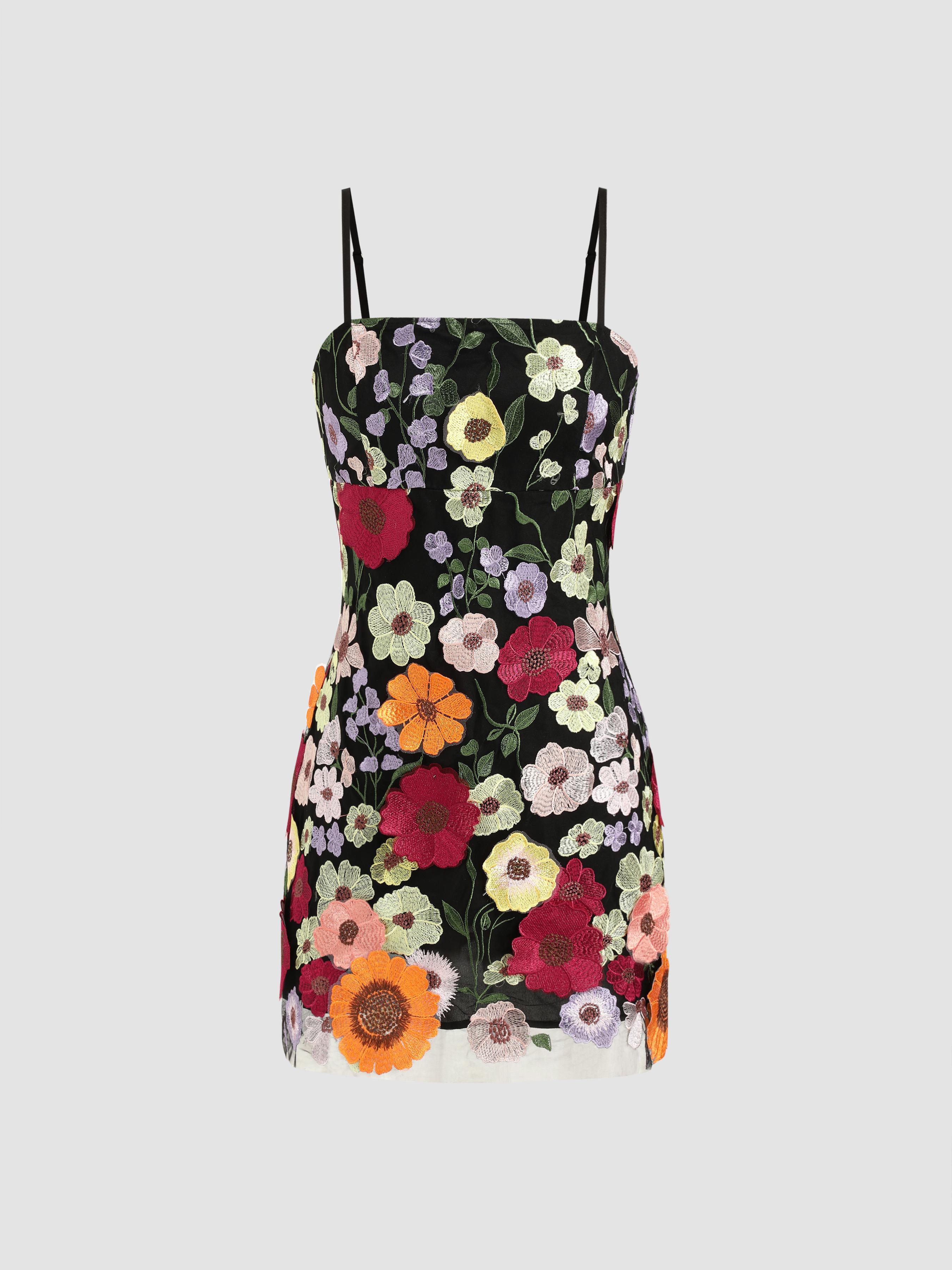 Jacquard Square Neck Colorful Floral Embroidery Mini Dress by CIDER