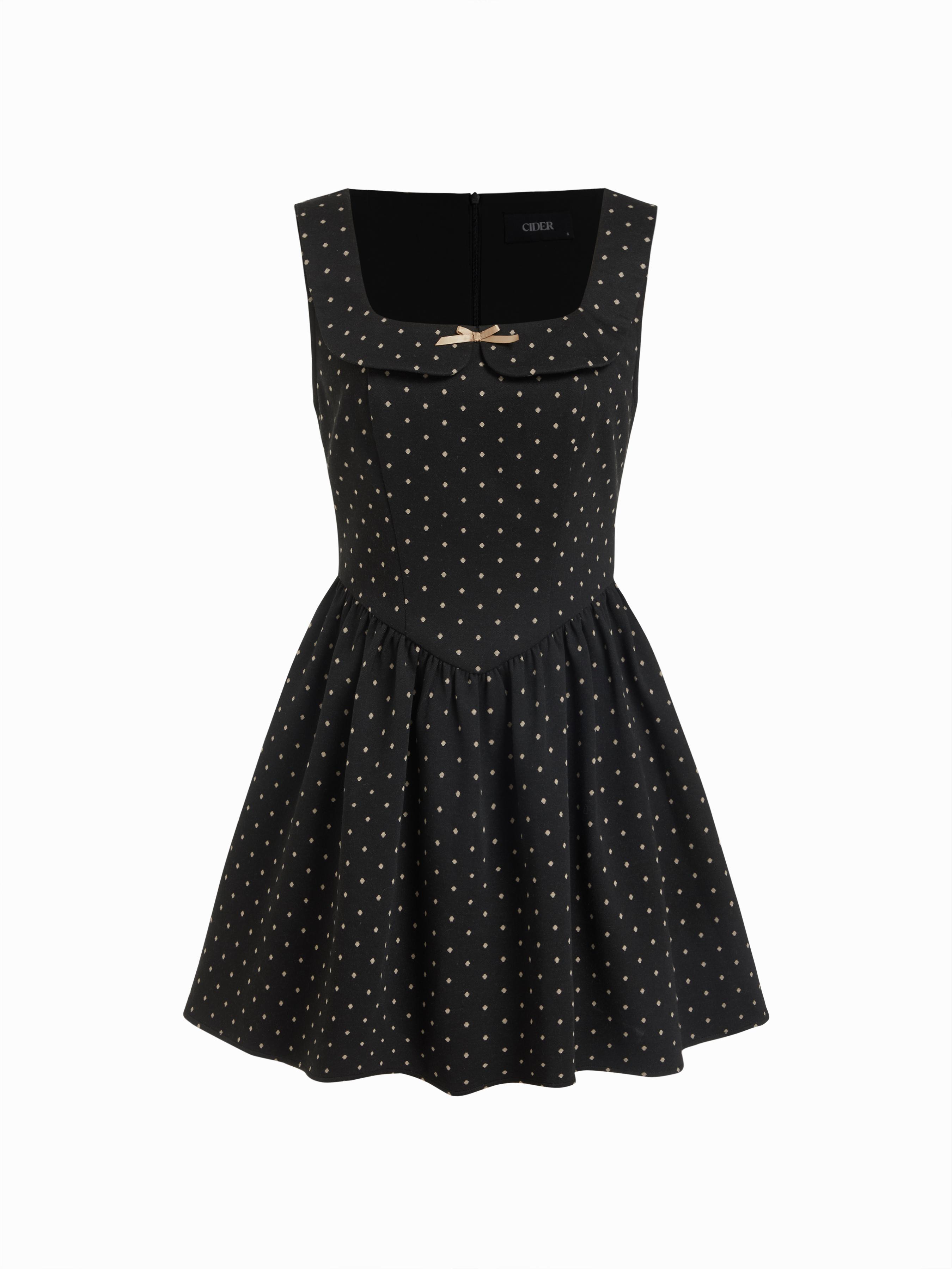 Jacquard Square Neck Houndstooth Bowknot Flared Mini Dress by CIDER