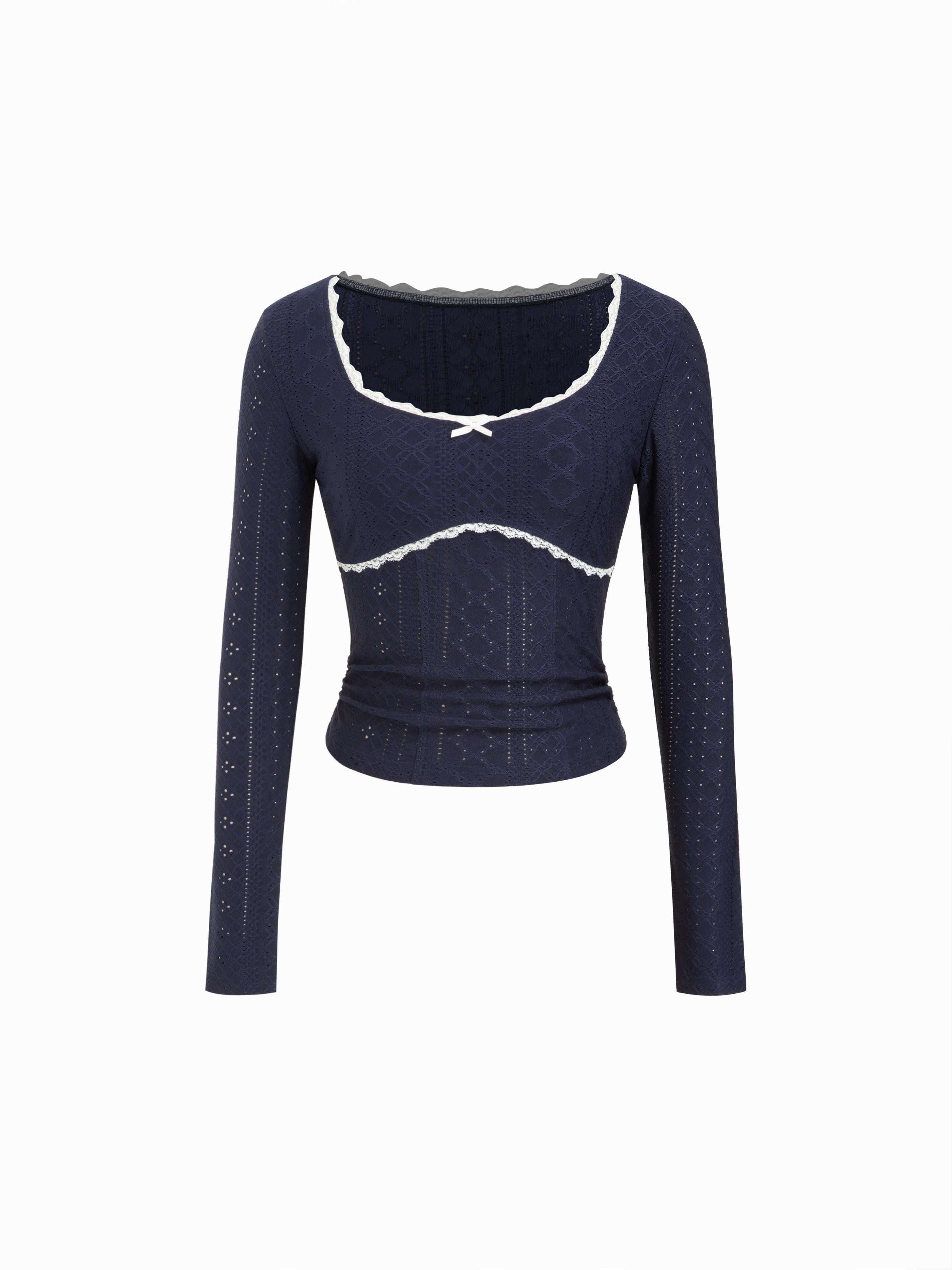 Jacquard Square Neck Lace Panel Bowknot Top by CIDER