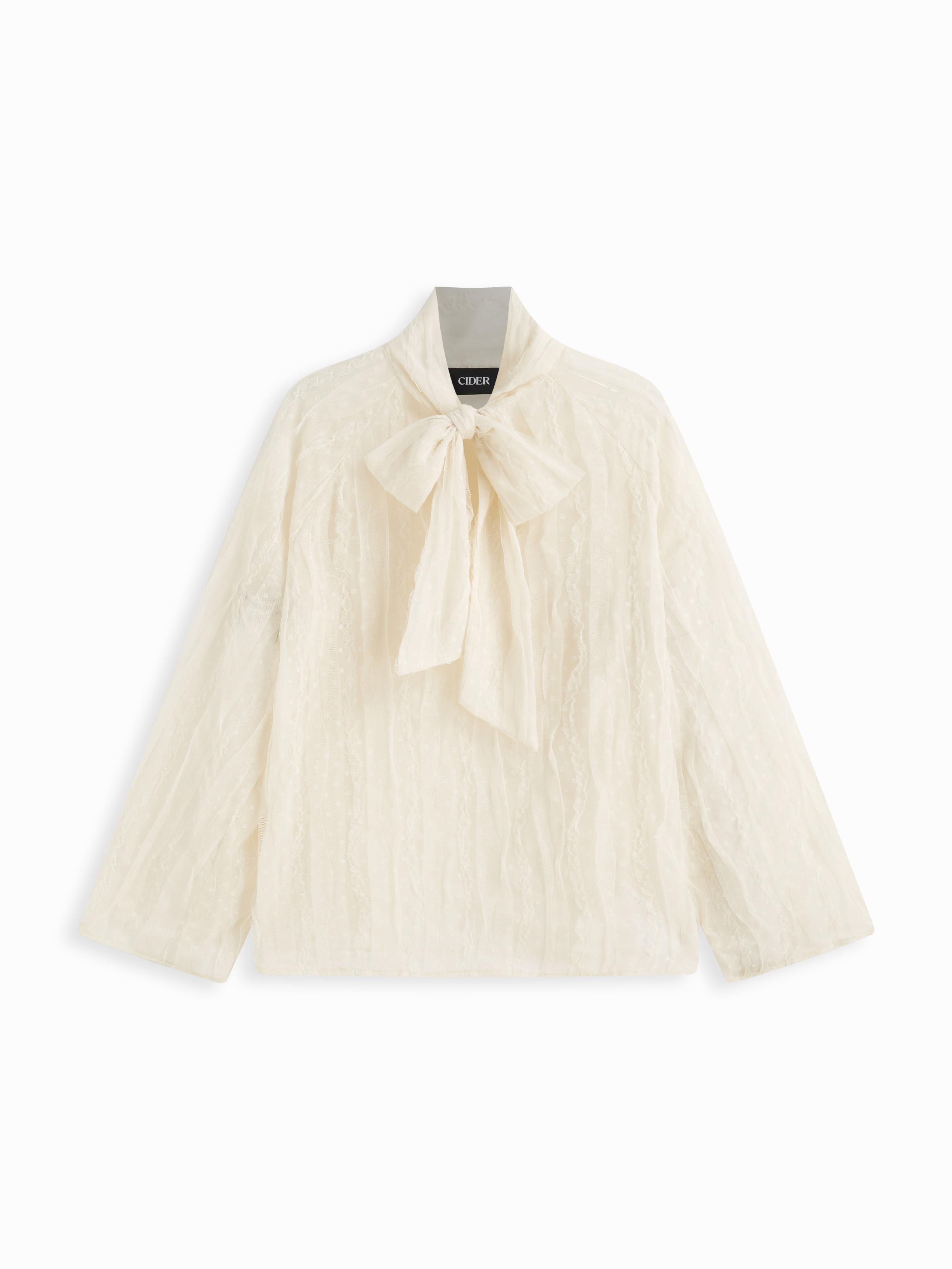 Jacquard Stand Collar Knotted Bell Sleeve Oversized Blouse by CIDER