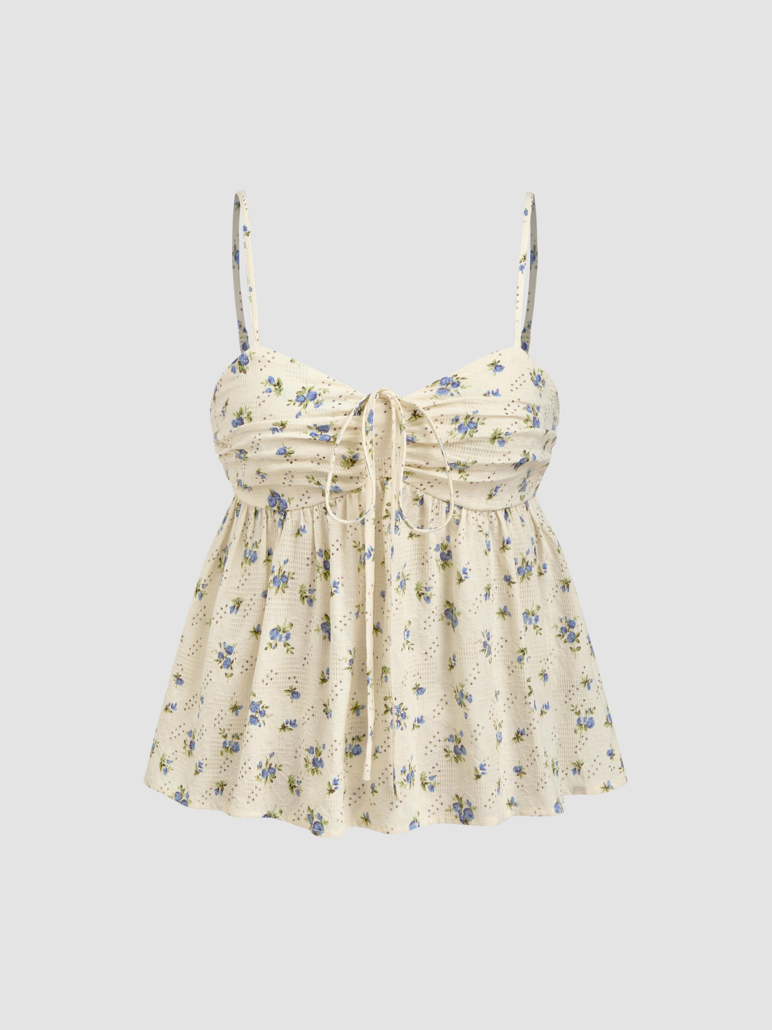 Jacquard Sweetheart Ditsy Floral Ruffle Hem Shirred Cami Top by CIDER