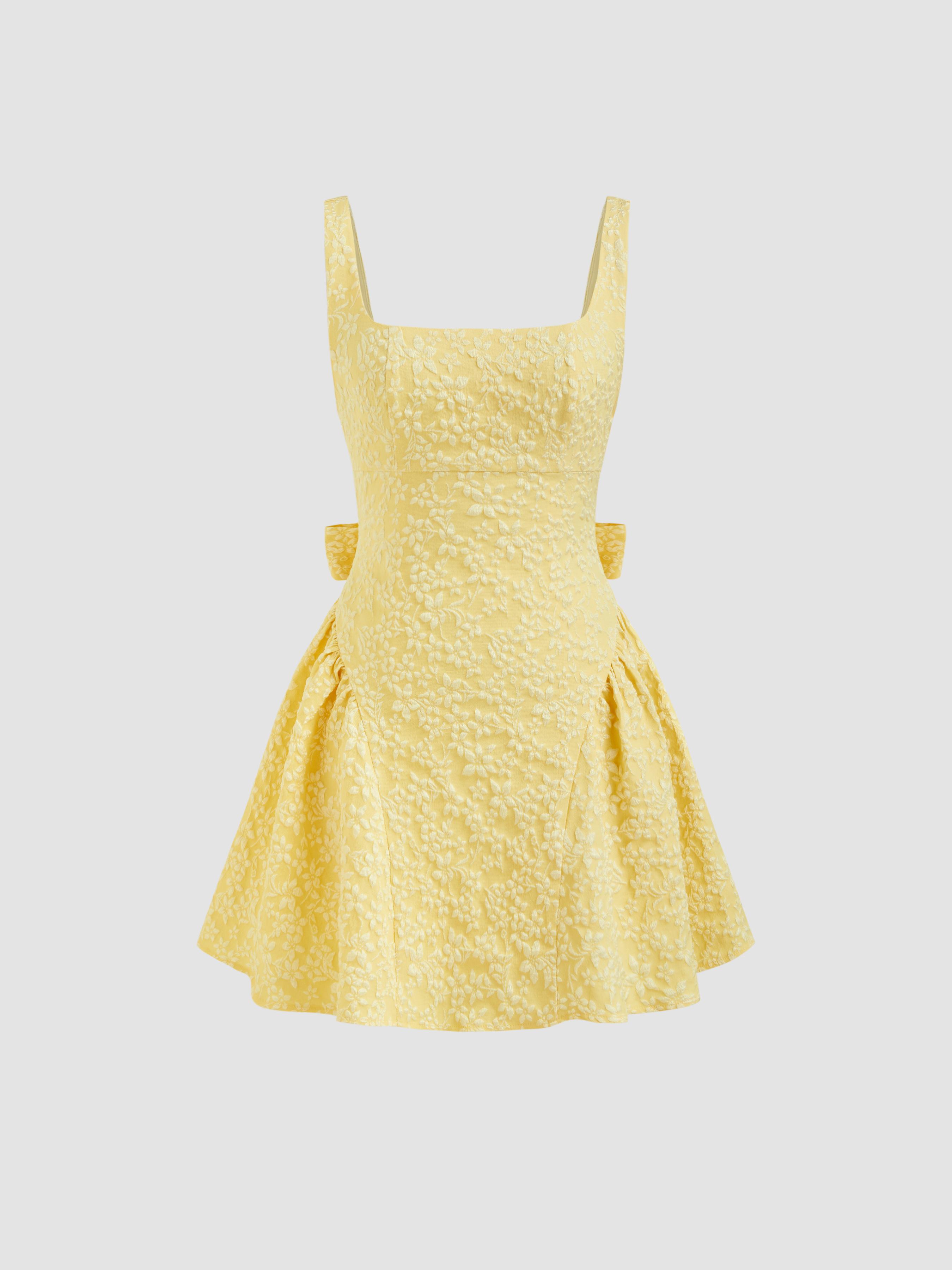 Jacquard U-neckline Floral Backless Bowknot Mini Dress by CIDER