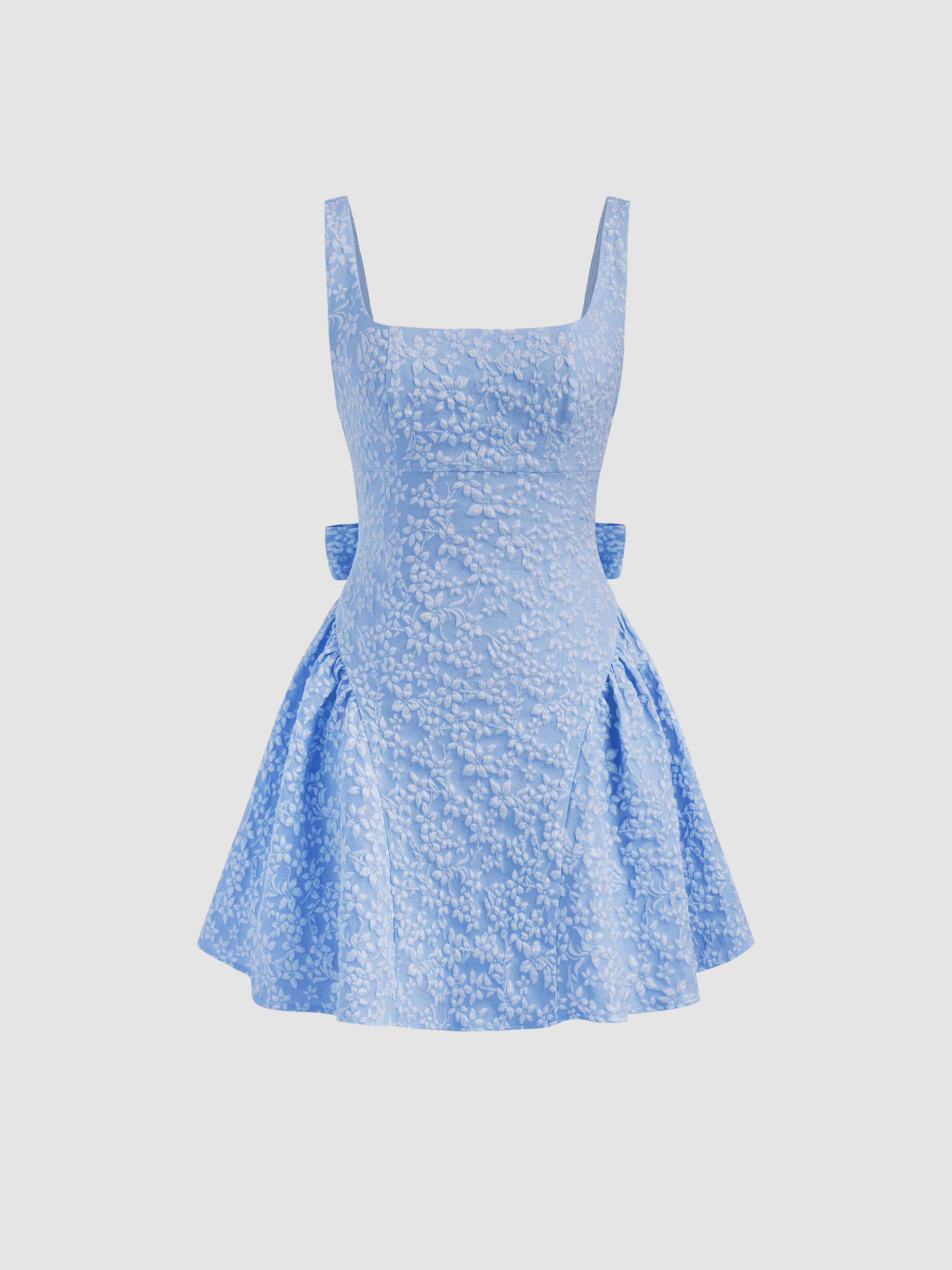 Jacquard U-neckline Floral Backless Bowknot Mini Dress by CIDER