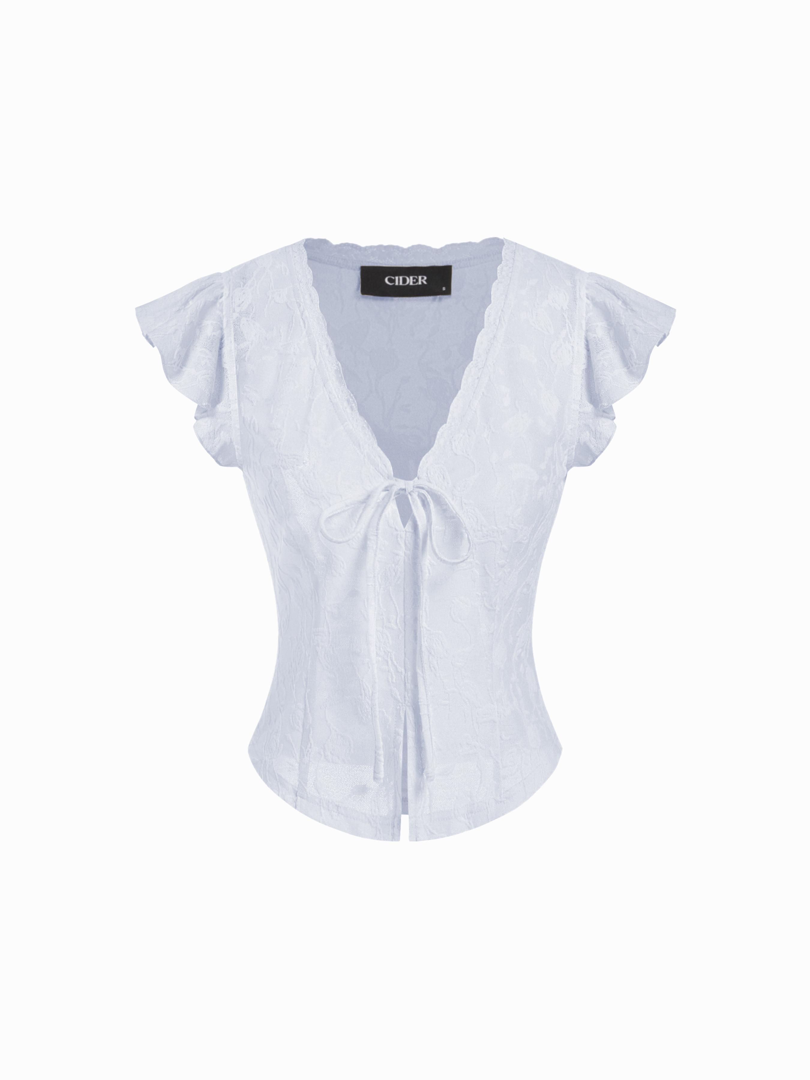 Jacquard V-Neck Ruffle Sleeve Lace Panel Top by CIDER