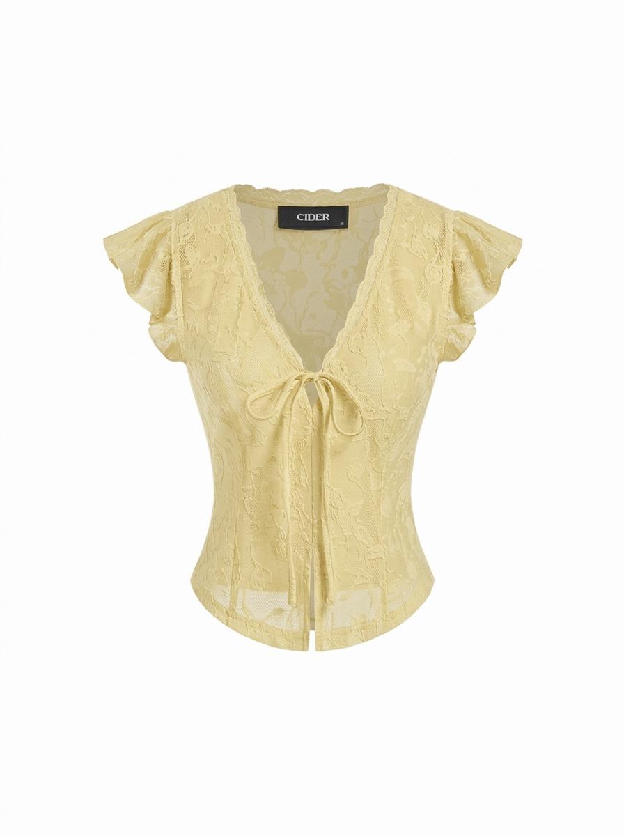 Jacquard V-Neck Ruffle Sleeve Lace Panel Top by CIDER