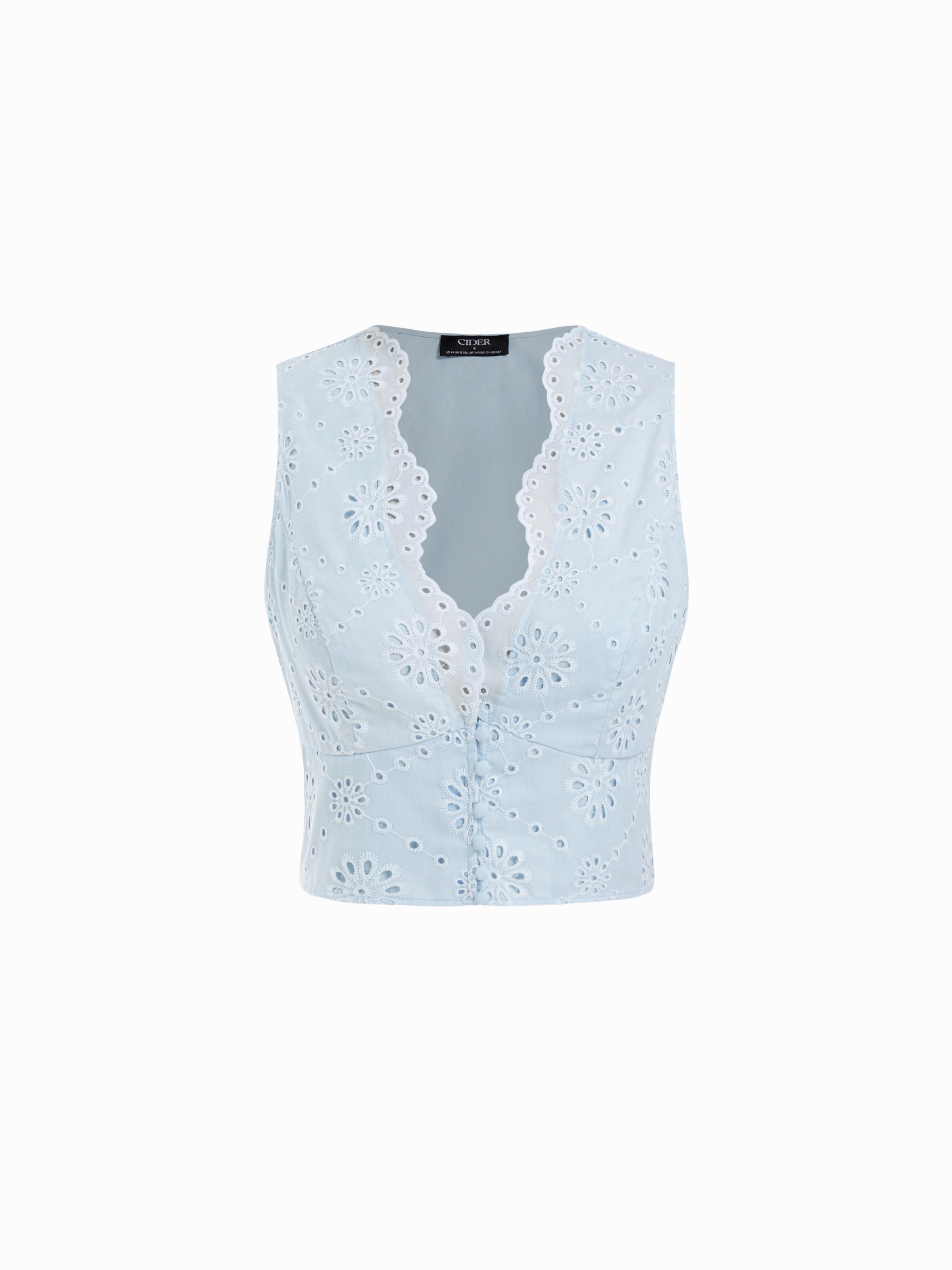 Jacquard V-neck Floral Broderie Anglaise Textured Blouse by CIDER