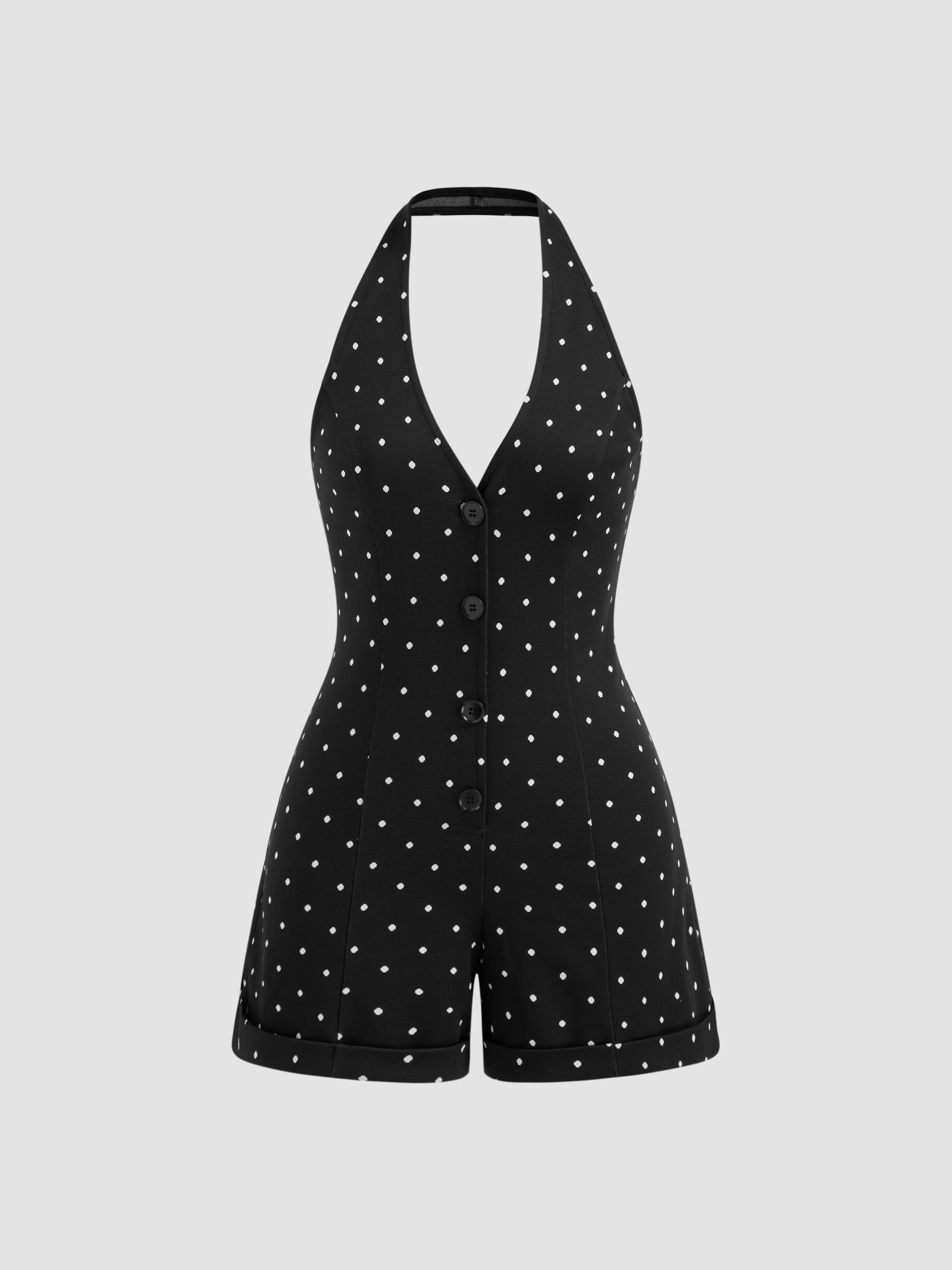 Jacquard V-neck Geometric Button Roll Hem Romper by CIDER