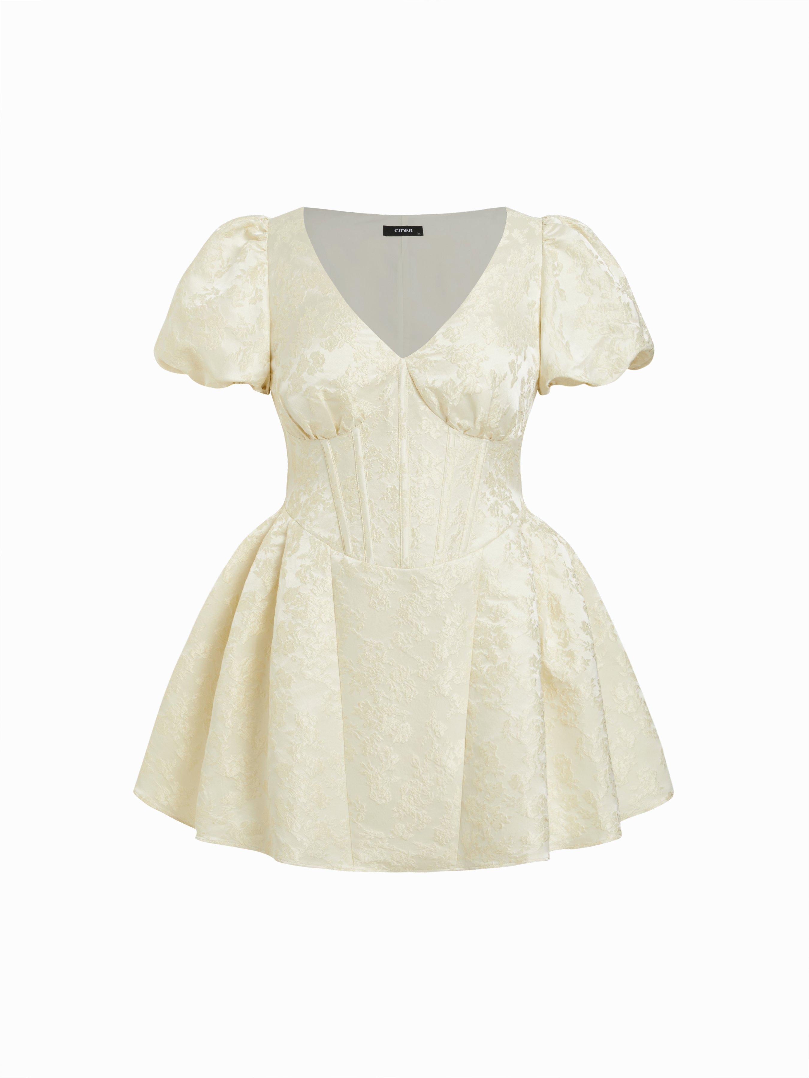 Jacquard V-neck Puff Sleeve Corset A-line Mini Dress Curve & Plus by CIDER