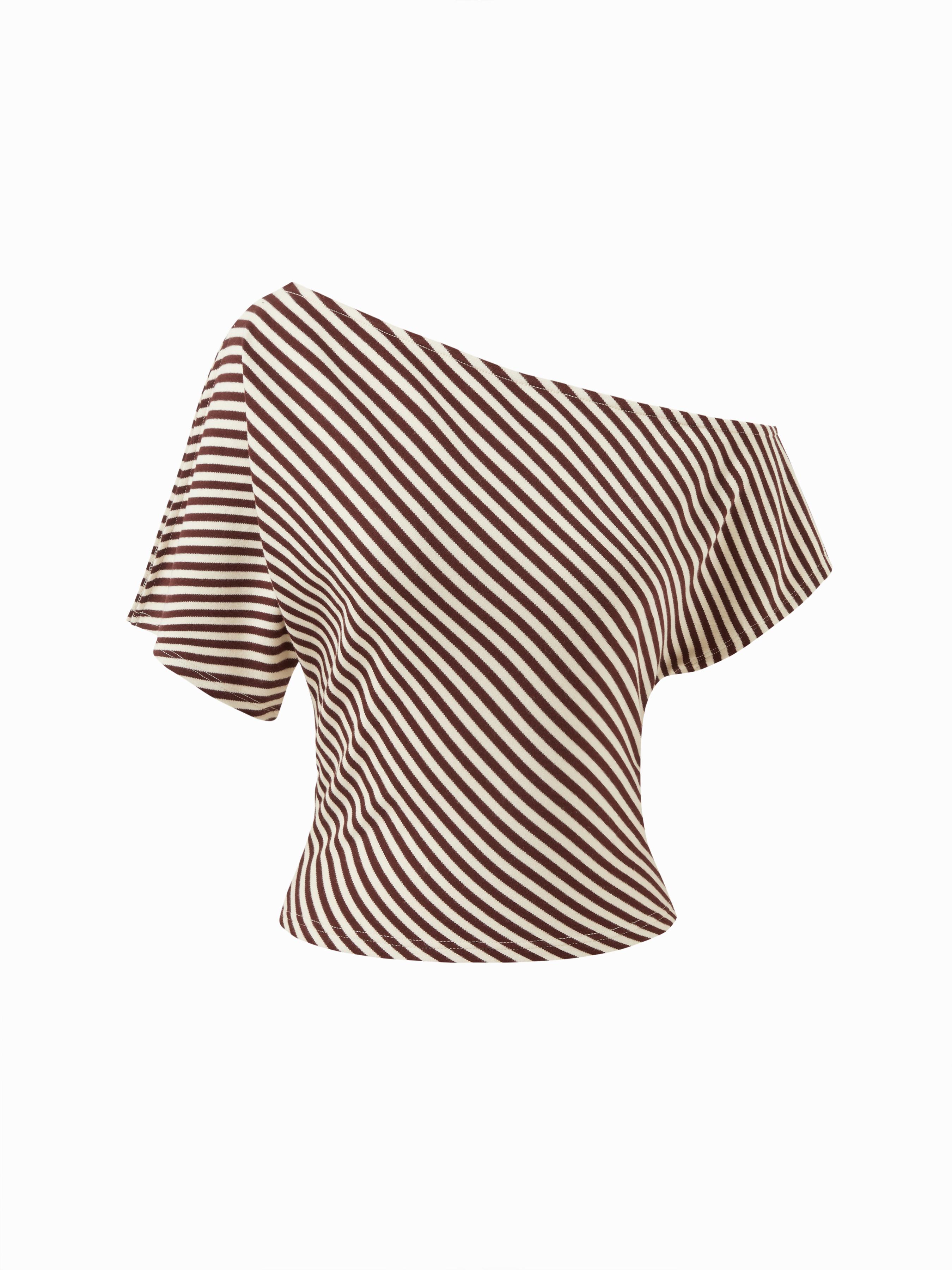 Jersey Asymmetrical Neck Stripe Ruched Tee by CIDER