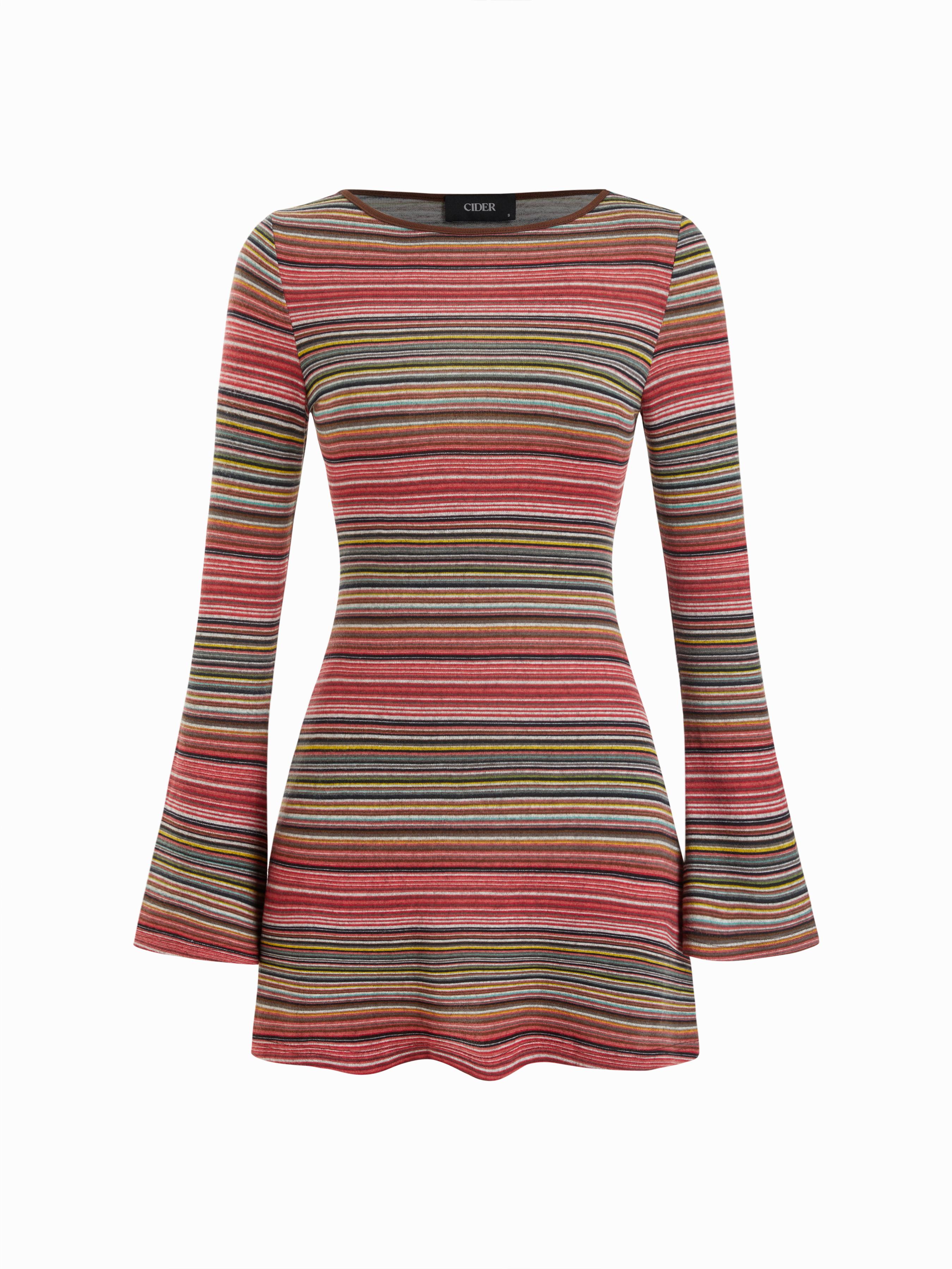 Jersey Boat Neck Striped Bell Sleeve Flared Mini Dress by CIDER