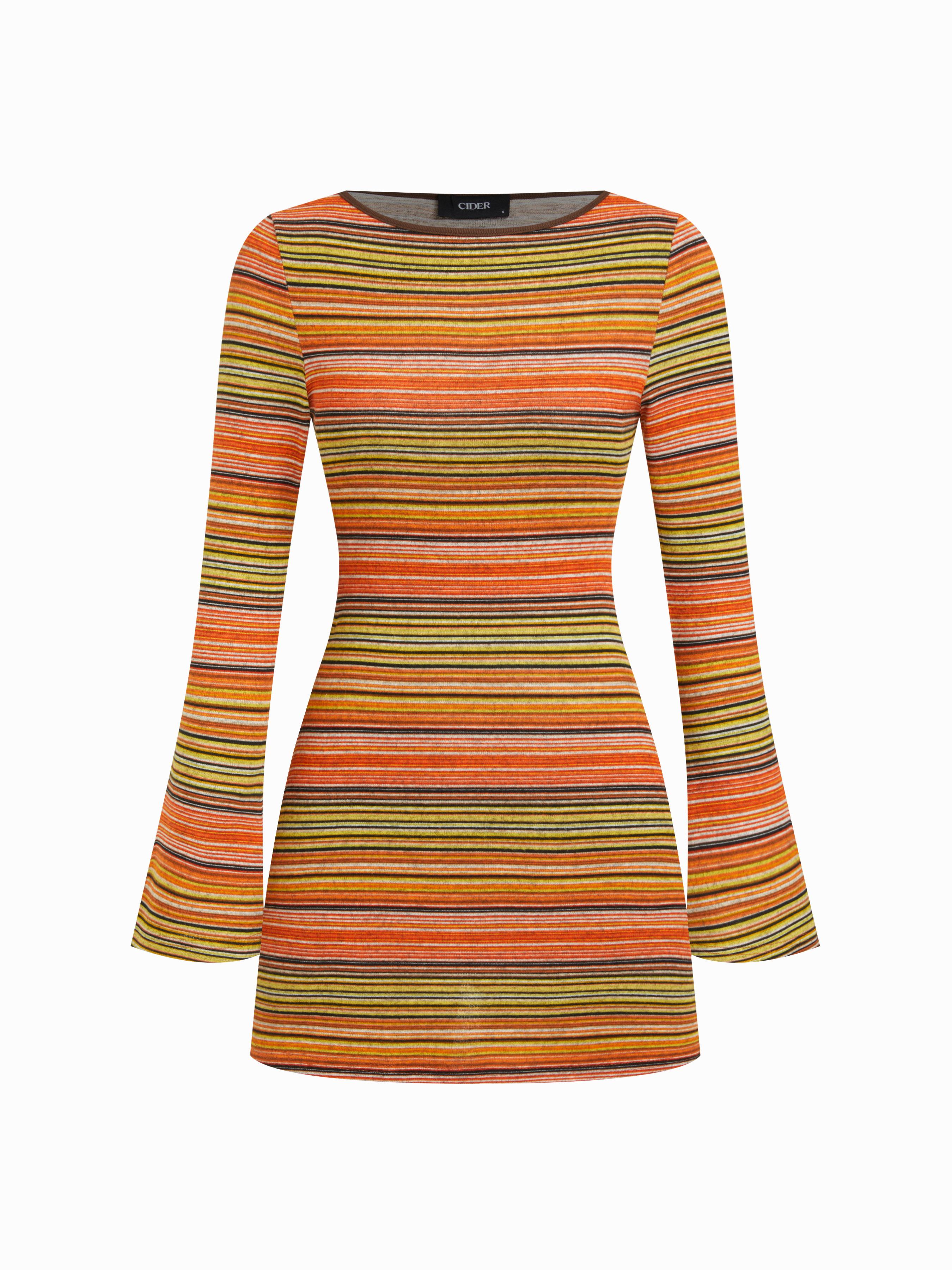 Jersey Boat Neck Striped Bell Sleeve Flared Mini Dress by CIDER