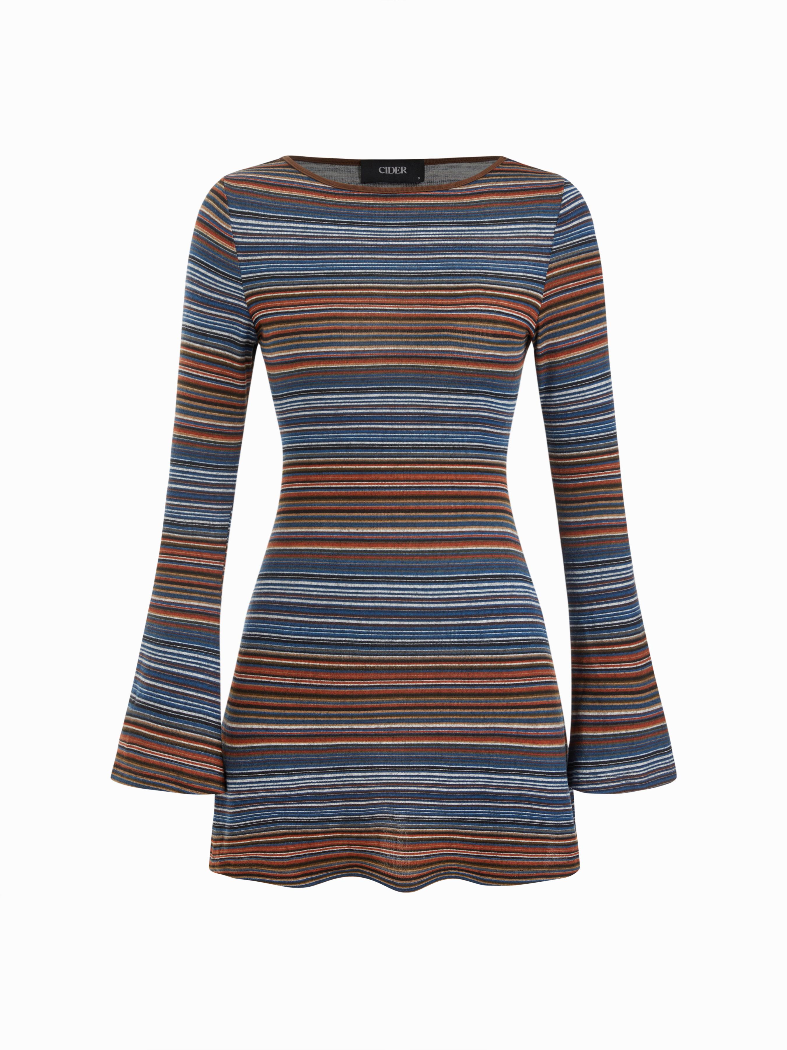 Jersey Boat Neck Striped Bell Sleeve Flared Mini Dress by CIDER