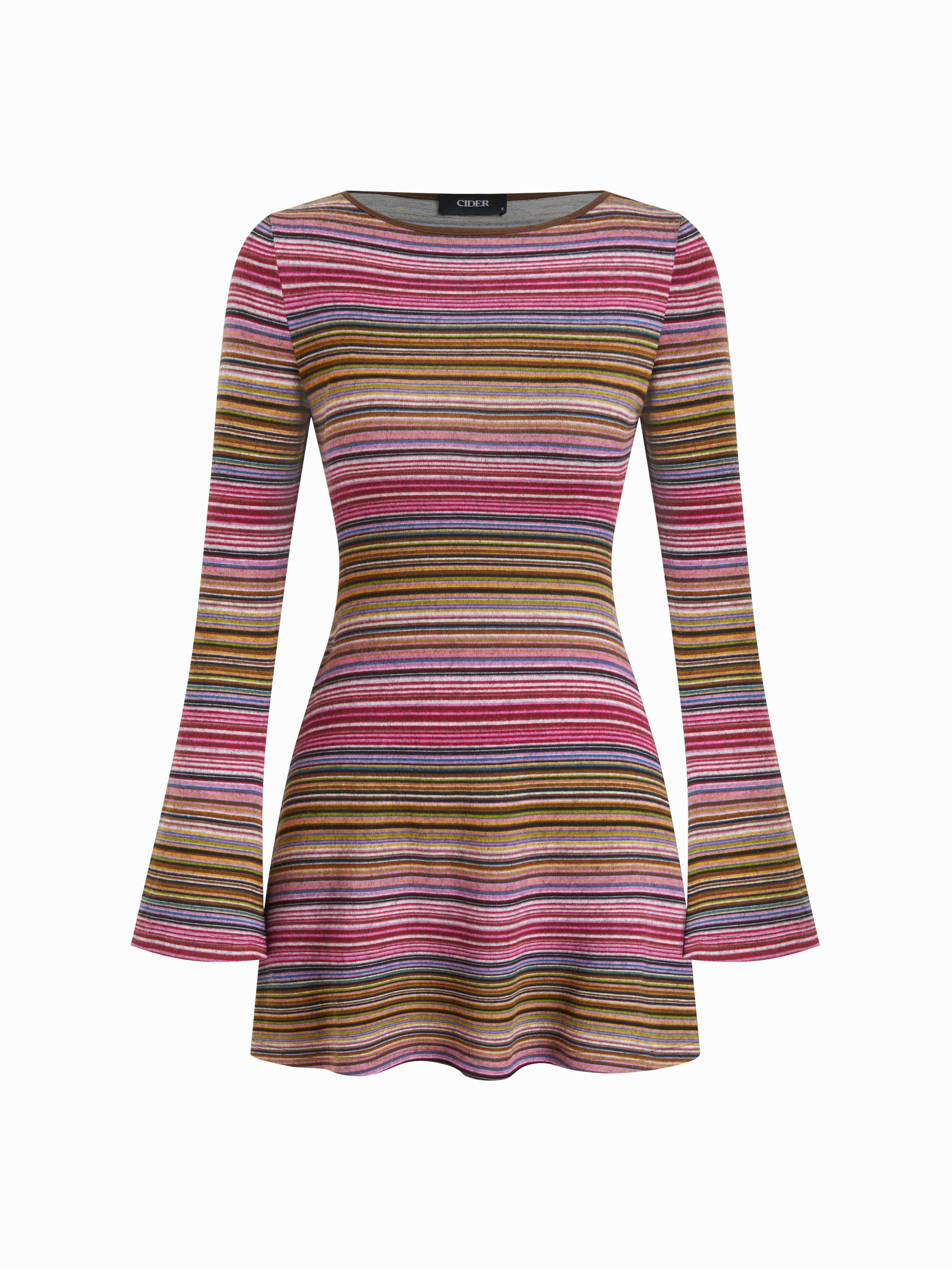 Jersey Boat Neck Striped Bell Sleeve Flared Mini Dress by CIDER