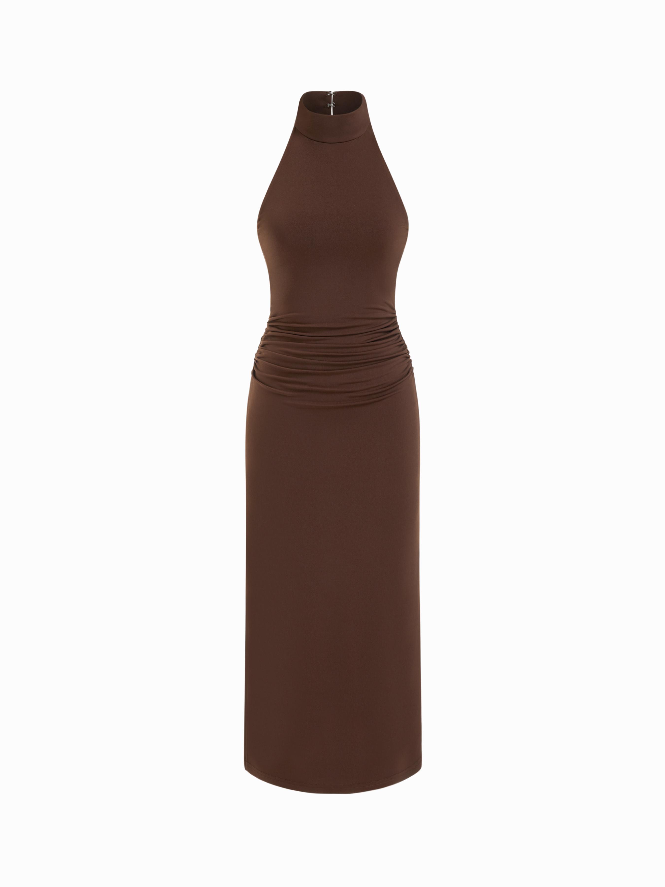 Jersey Halter Neck Ruched Zipper Maxi Dress by CIDER