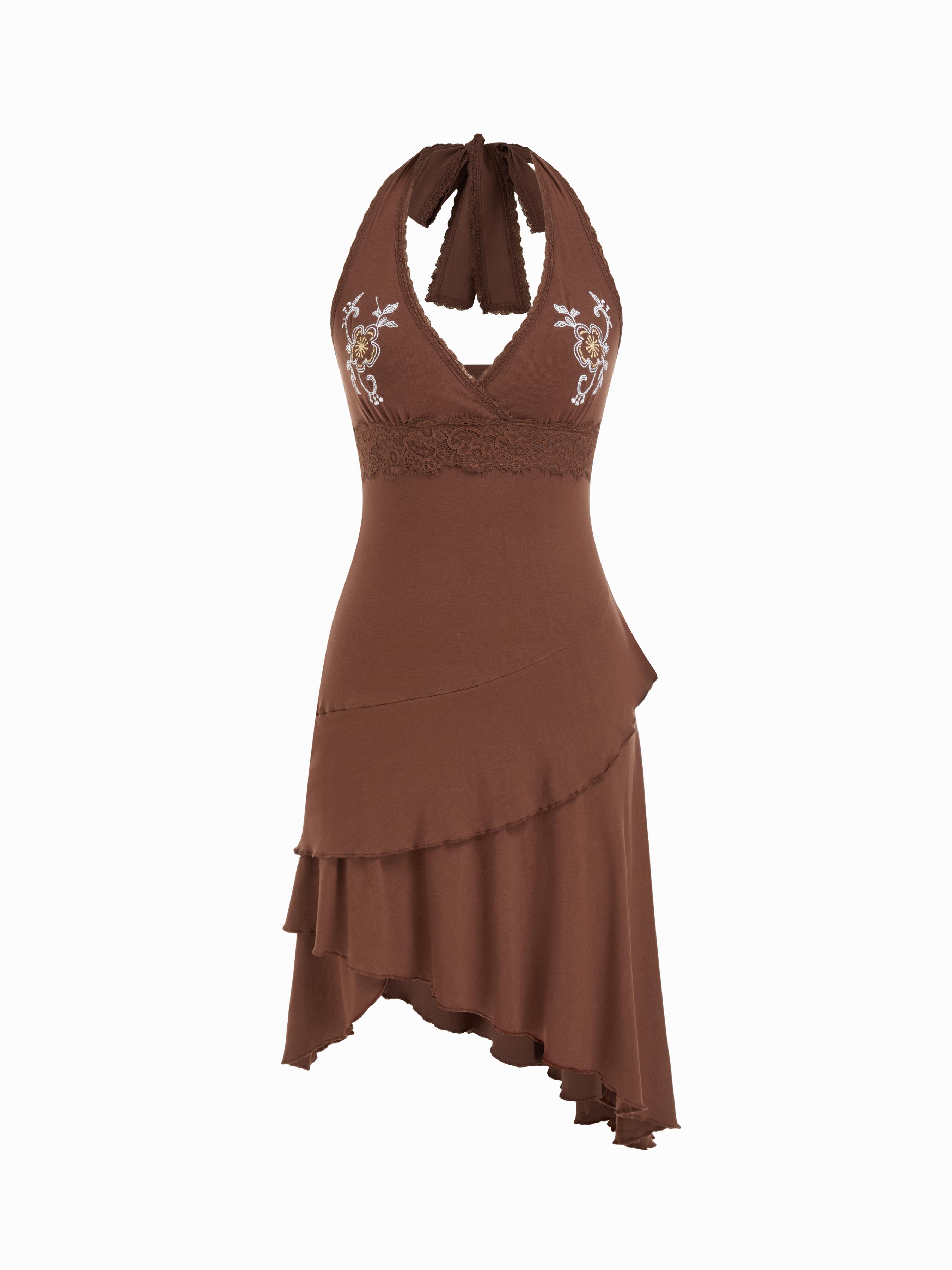 Jersey Halter Neckline Floral Embroidered Lace Patched Ruffle Hem Layered Mini Dress by CIDER